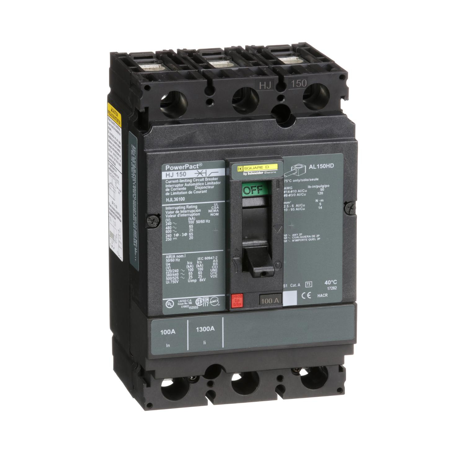 Product image for CIRCUIT BREAKER, POWERPACT H, 100A, 3 POLE, 600VAC, 25KA, LUGS, THERMAL MAGNETIC, 80%