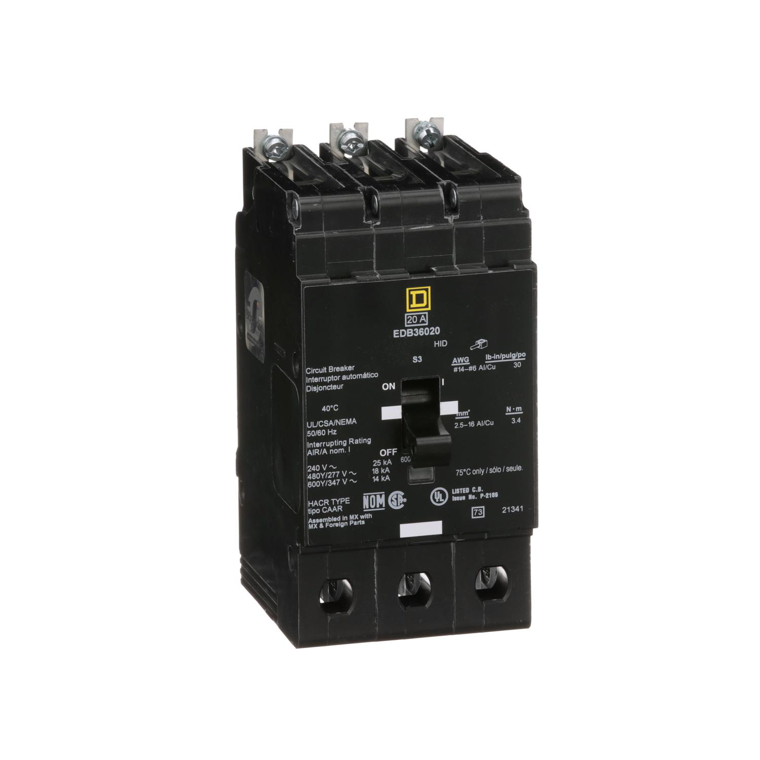 Product image for MINI CIRCUIT BREAKER, E-FRAME, 50A, 3 POLE, 600Y/347VAC, 25KA MAX, BOLT ON [TAA]