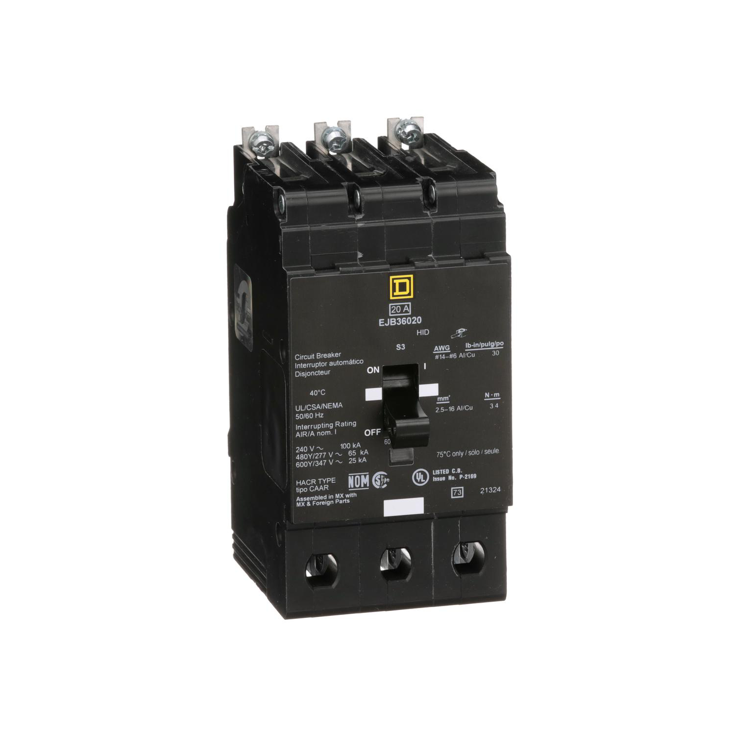 Product image for MINI CIRCUIT BREAKER, E-FRAME, 20A, 3 POLE, 600Y/347VAC, 100KA MAX, BOLT ON [TAA]