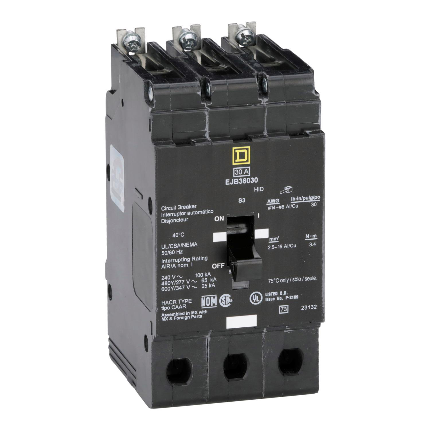 Product image for MINI CIRCUIT BREAKER, E-FRAME, 30A, 3 POLE, 600Y/347VAC, 100KA MAX, BOLT ON [TAA]