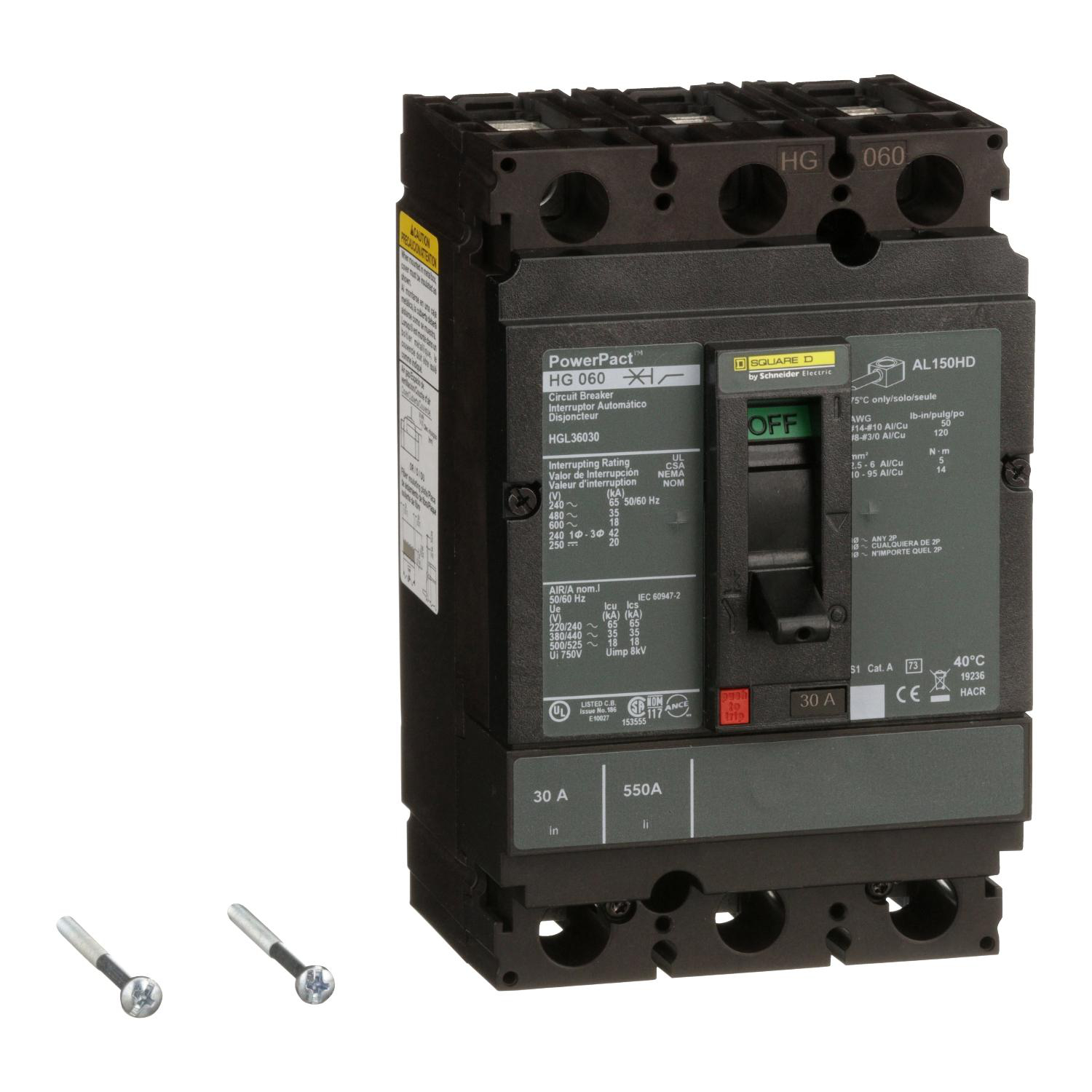 Product image for CIRCUIT BREAKER, POWERPACT H, 30A, 3 POLE, 600VAC, 18KA, LUGS, THERMAL MAGNETIC, 80%