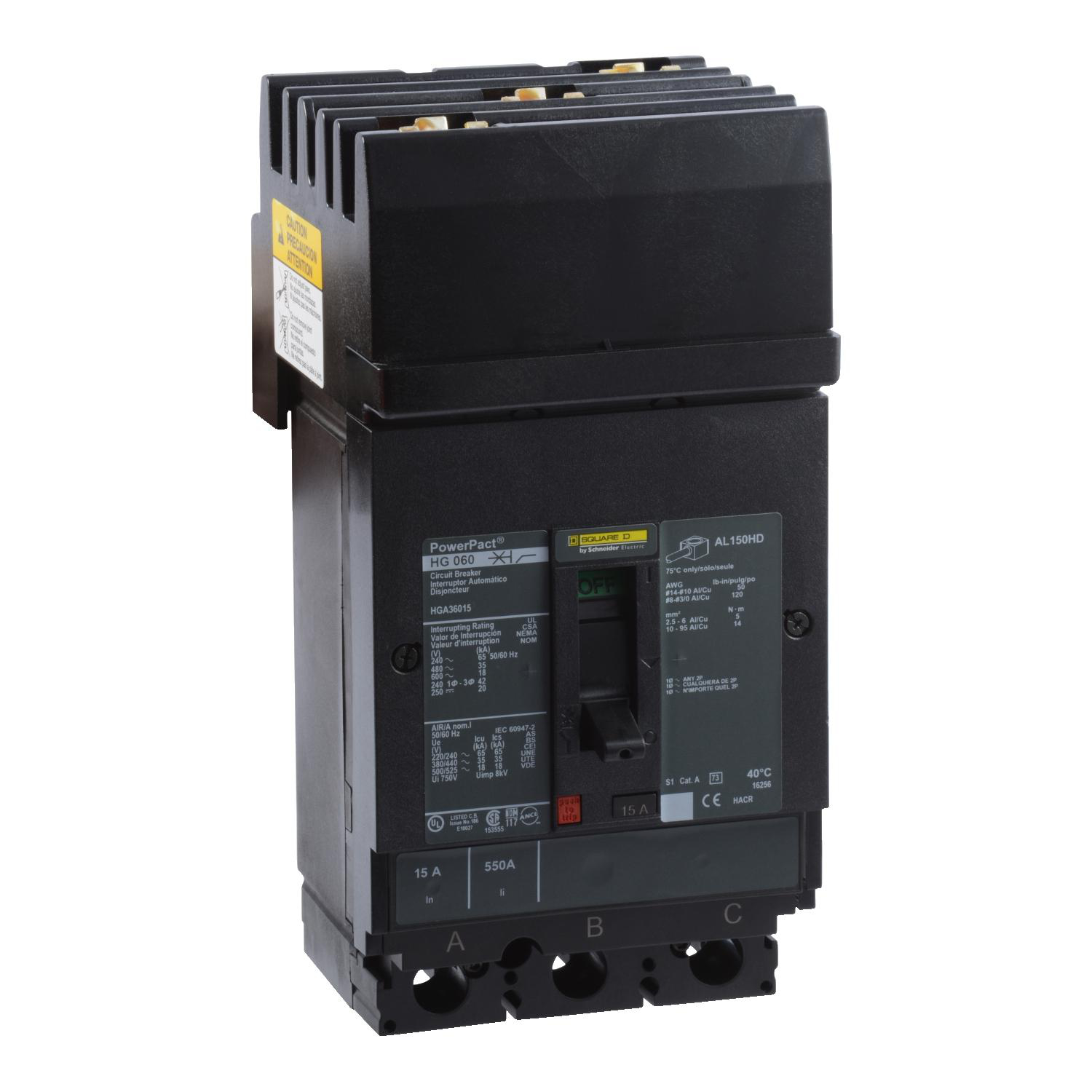 Product image for CIRCUIT BREAKER, POWERPACT H, 15A, 3 POLE, 600VAC, 18KA, I-LINE, THERMAL MAGNETIC, 80%, ABC