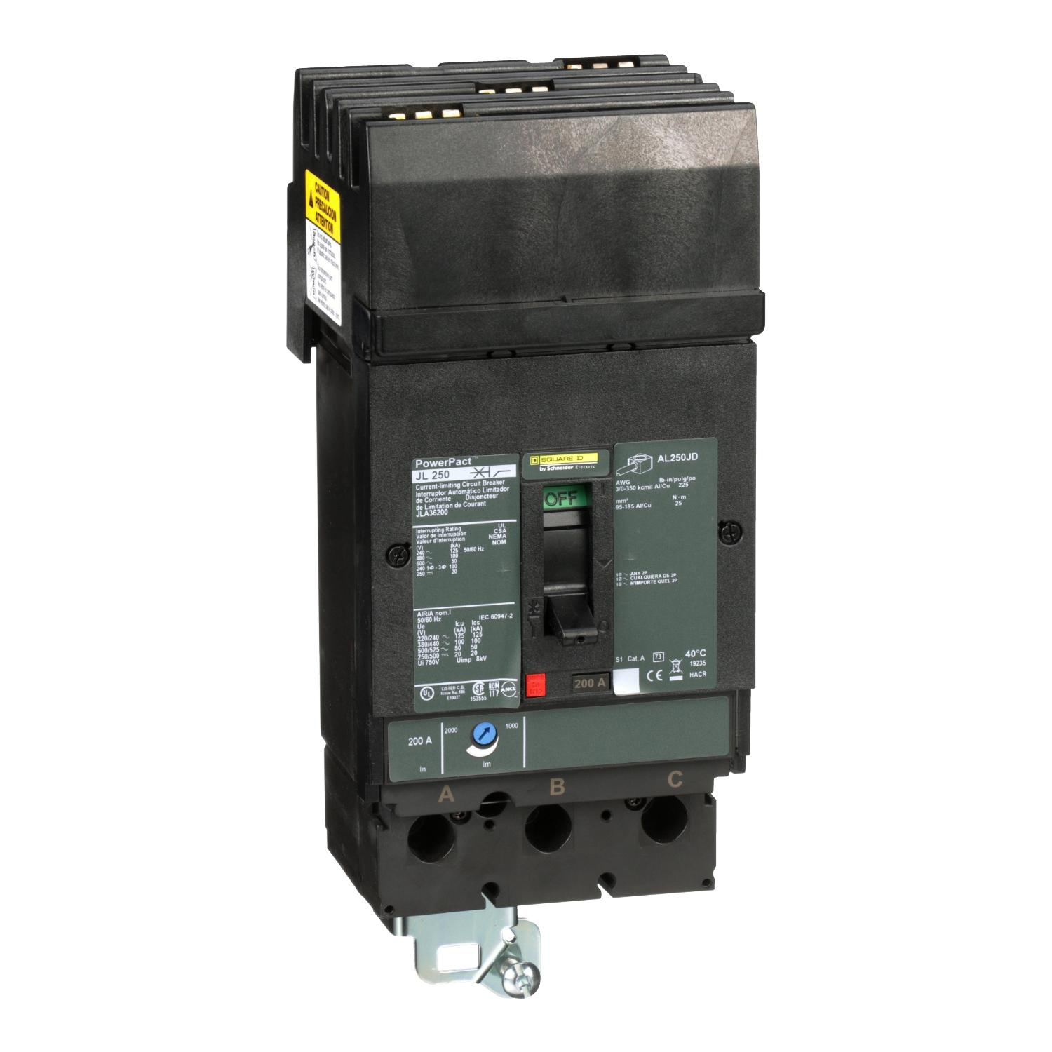 Product image for CIRCUIT BREAKER, POWERPACT J, 200A, 3 POLE, 600VAC, 50KA, I-LINE, THERMAL MAGNETIC, 80%, ABC