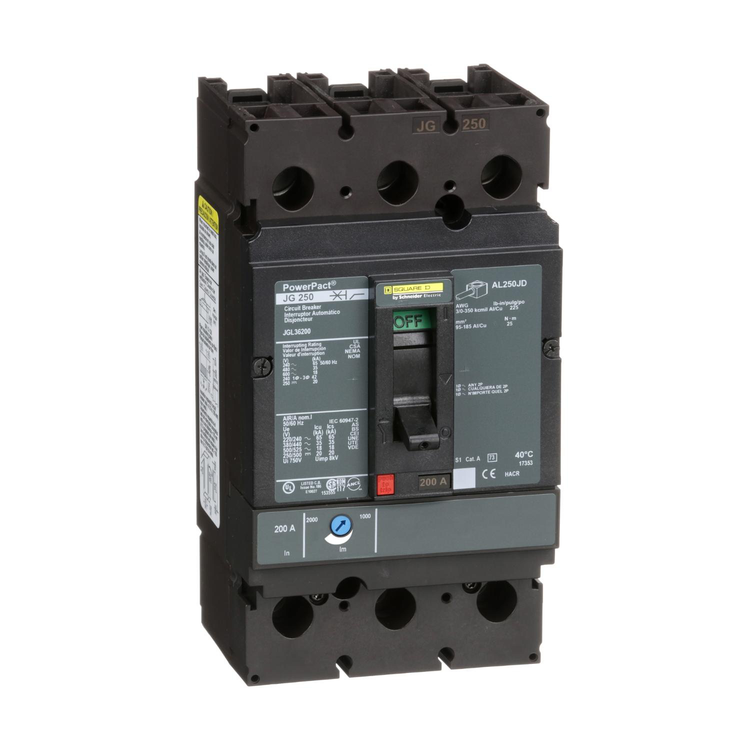 Product image for CIRCUIT BREAKER, POWERPACT J, 200A, 3 POLE, 600VAC, 18KA, LUGS, THERMAL MAGNETIC, 80%