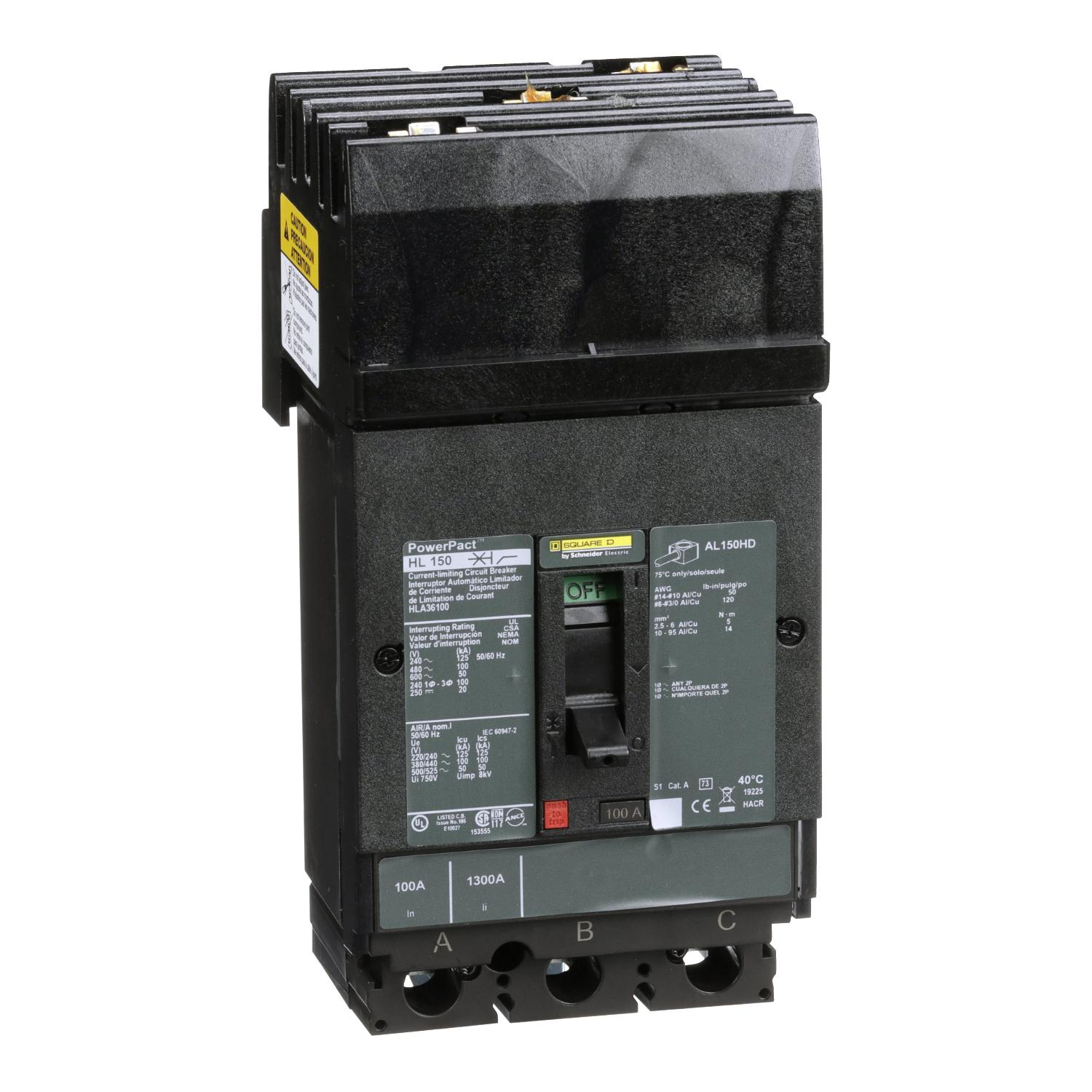 Product image for CIRCUIT BREAKER, POWERPACT H, 100A, 3 POLE, 600VAC, 50KA, I-LINE, THERMAL MAGNETIC, 80%, ABC