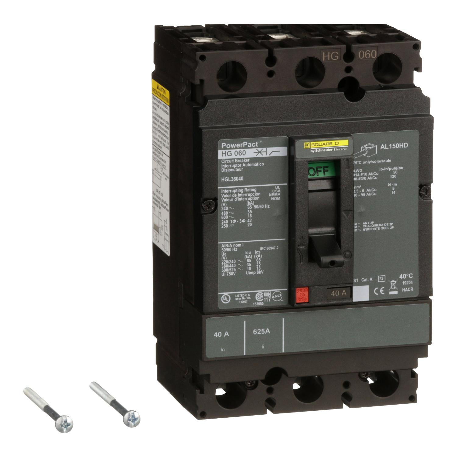 Product image for CIRCUIT BREAKER, POWERPACT H, 40A, 3 POLE, 600VAC, 25KA, LUGS, THERMAL MAGNETIC, 80%