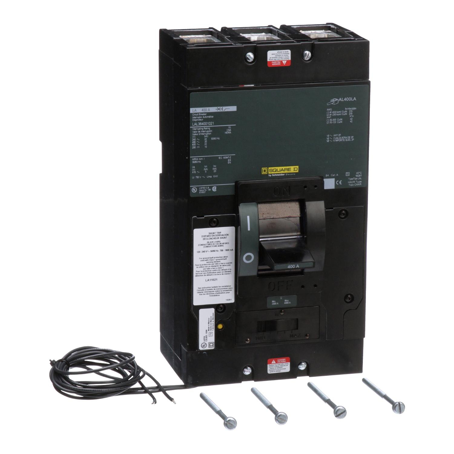 Product image for CIRCUIT BREAKER, LA, 400A, 3 POLE, 600VAC, 22KA, 250VDC, 10KA, LUGS, THERMAL MAGNETIC, SHUNT TRIP