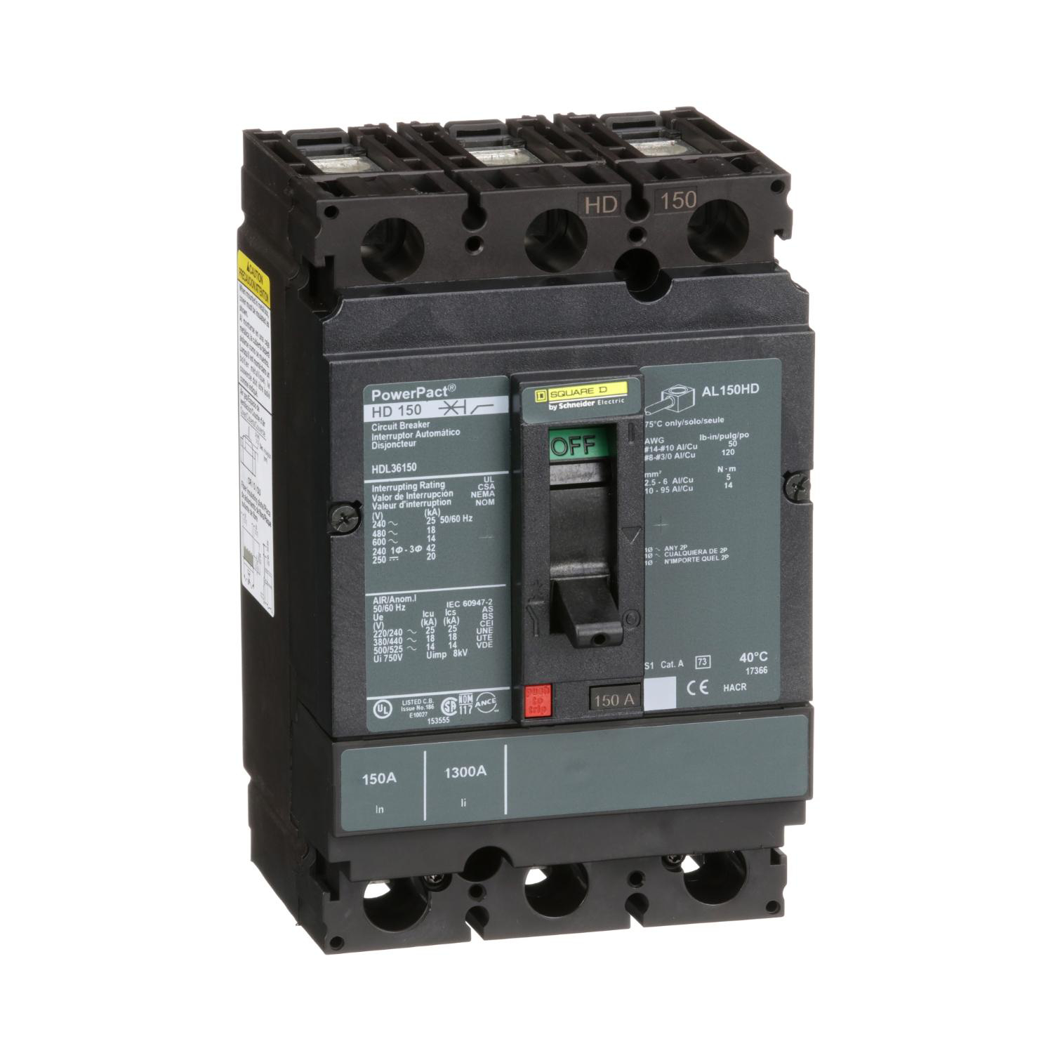 Product image for CIRCUIT BREAKER, POWERPACT H, 150A, 3 POLE, 600VAC, 14KA, LUGS, THERMAL MAGNETIC, 80%