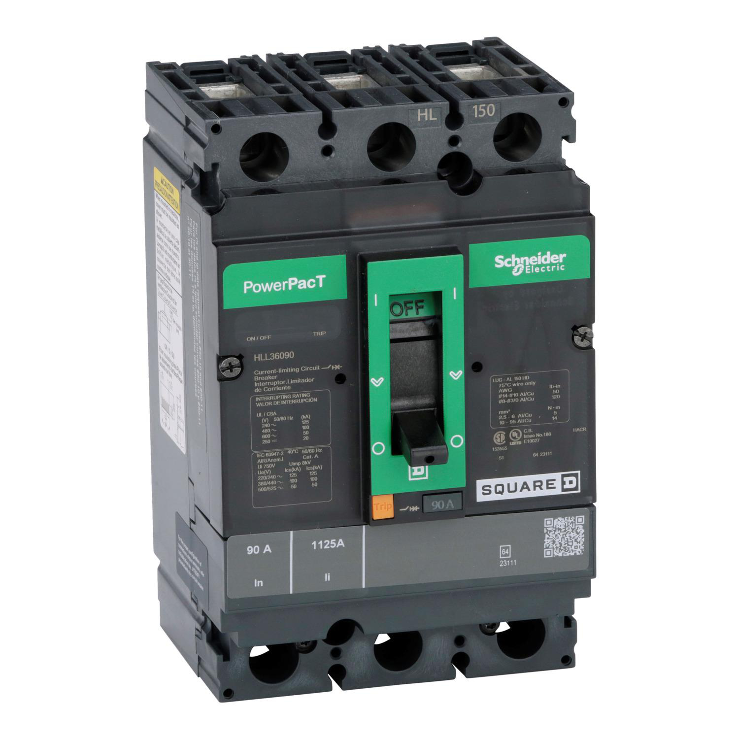 Product image for CIRCUIT BREAKER, POWERPACT H, 90A, 3 POLE, 600VAC, 50KA, LUGS, THERMAL MAGNETIC, 80%