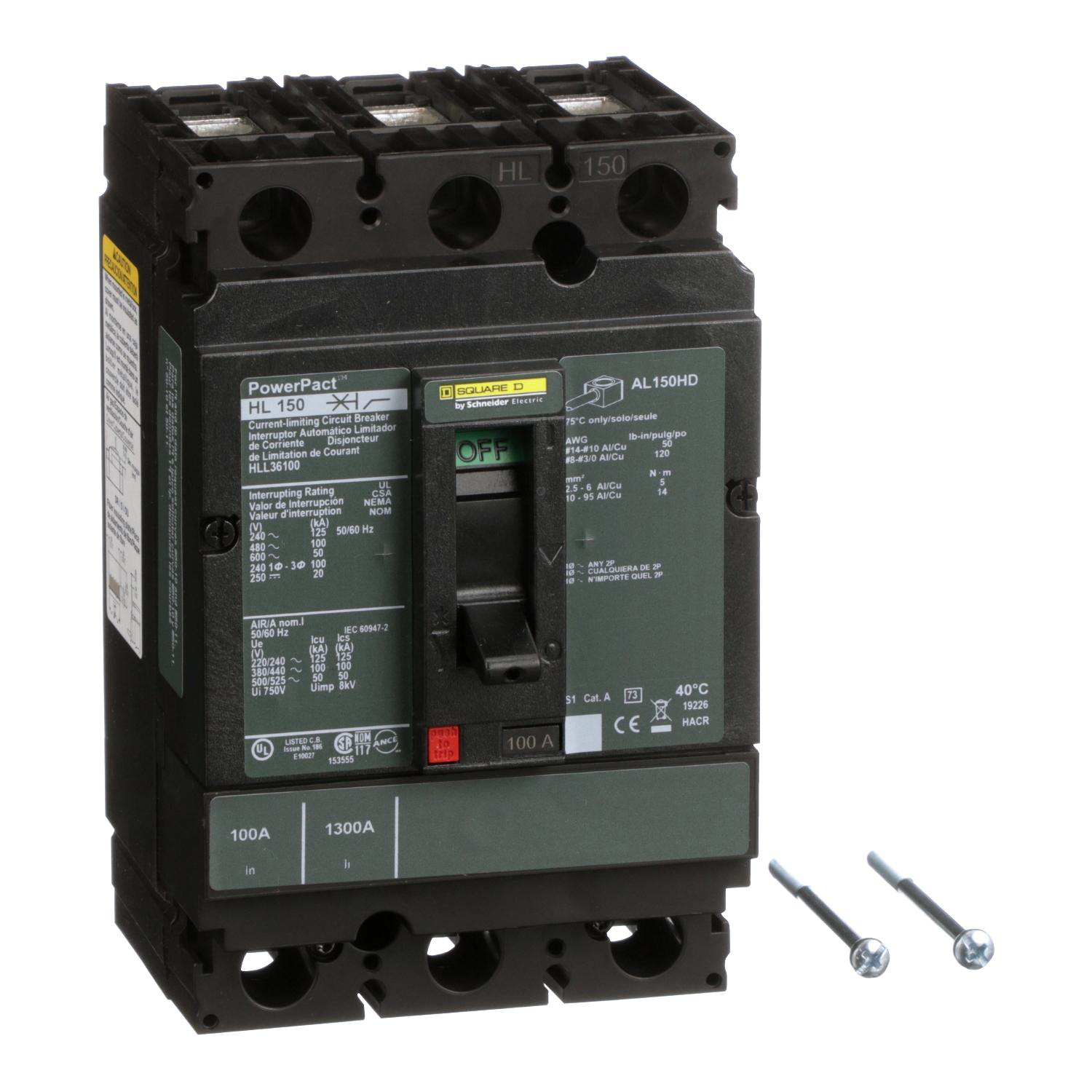 Product image for CIRCUIT BREAKER, POWERPACT H, 100A, 3 POLE, 600VAC, 50KA, LUGS, THERMAL MAGNETIC, 80%