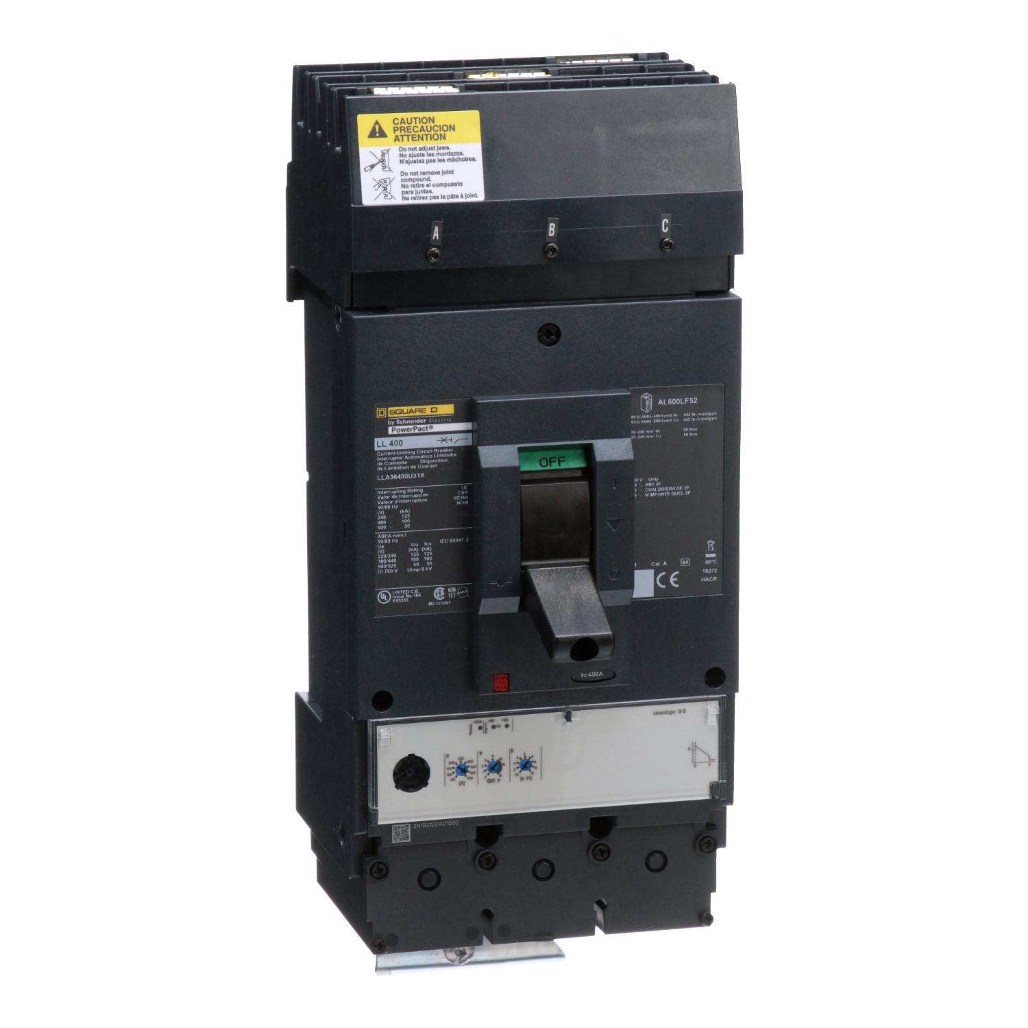 Product image for CIRCUIT BREAKER, POWERPACT L, 400A, 3 POLE, 600VAC, 50KA, I-LINE, MICROLOGIC 3.3, 80%, ABC