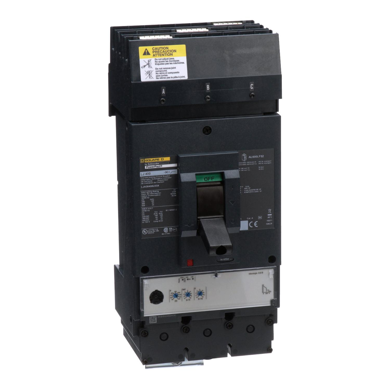 Product image for CIRCUIT BREAKER, POWERPACT L, 400A, 3 POLE, 600VAC, 25KA, I-LINE, MICROLOGIC 3.3S, 80%, ABC