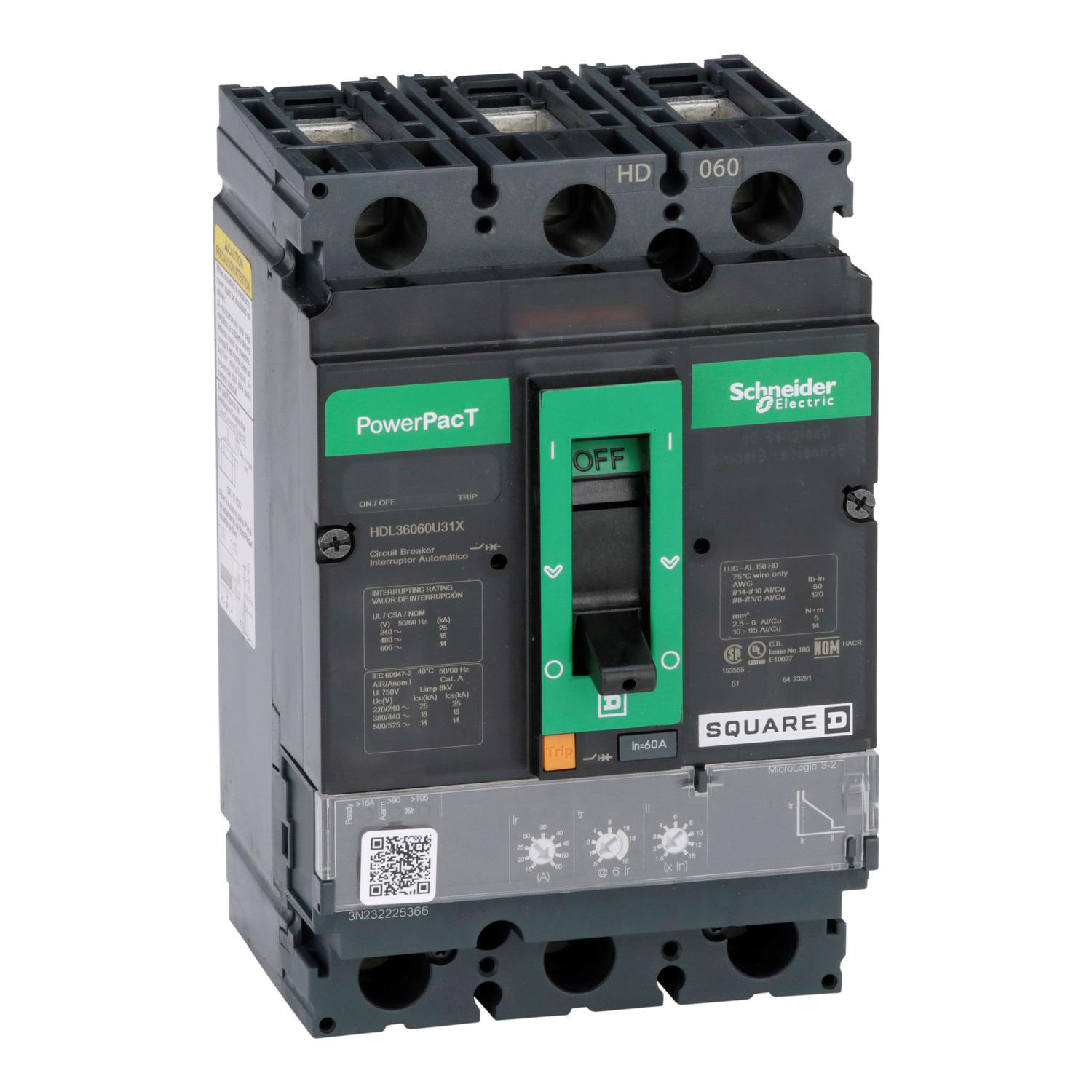 Product image for CIRCUIT BREAKER, POWERPACT H, 60A, 3 POLE, 600VAC, 14KA, LUGS, MICROLOGIC 3.2, 80%
