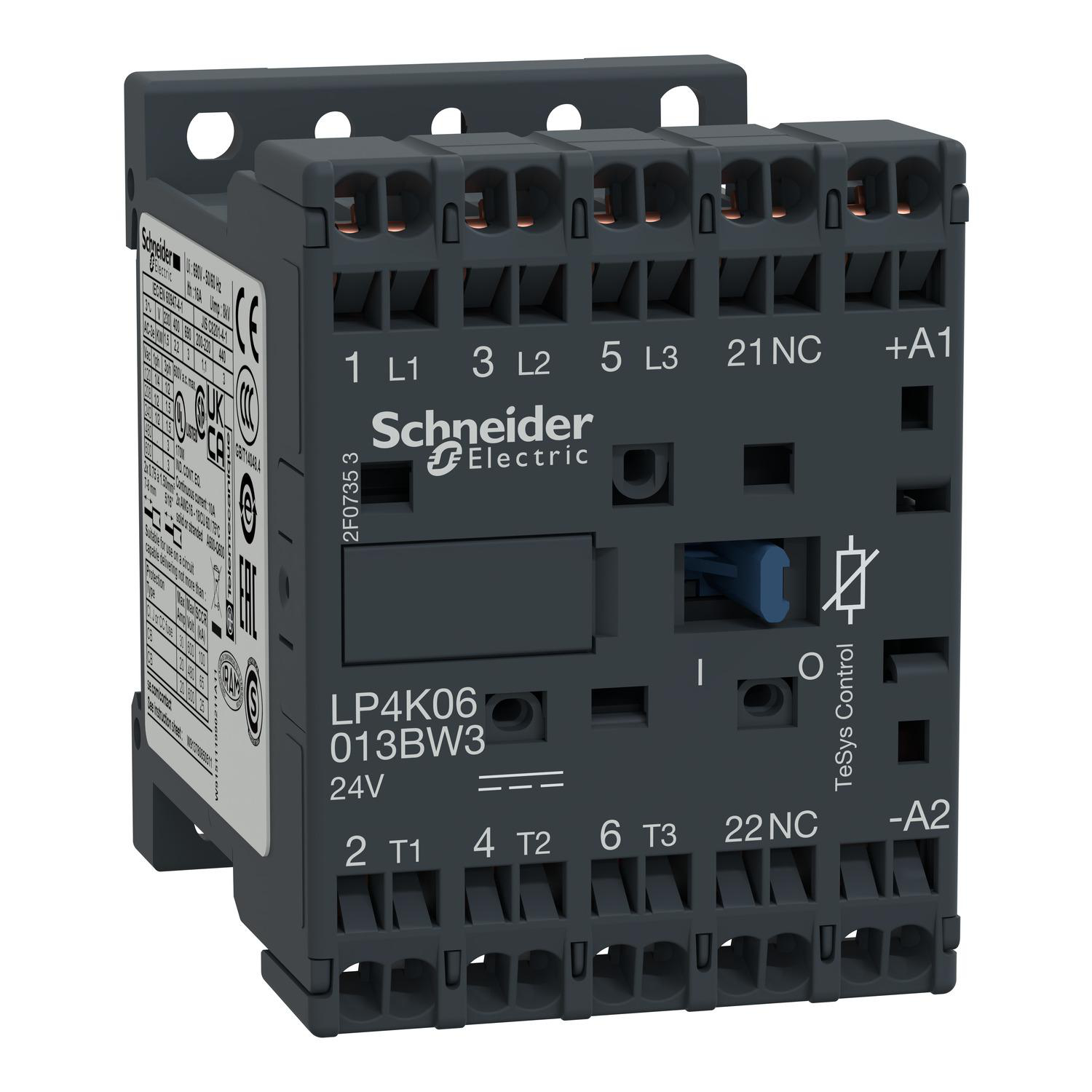 Product image for CONTACTOR, TESYS K, 3P, AC-3, LT OR EQ TO 440V, 9A, 1 NC AUX, 24VDC COIL