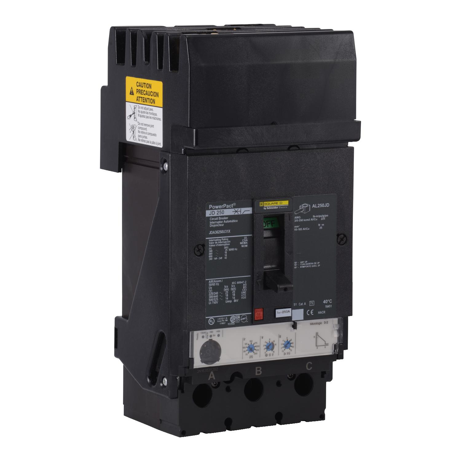 Product image for CIRCUIT BREAKER, POWERPACT J, 250A, 3 POLE, 600VAC, 14KA, I-LINE, MICROLOGIC 3.2, 80%, ABC