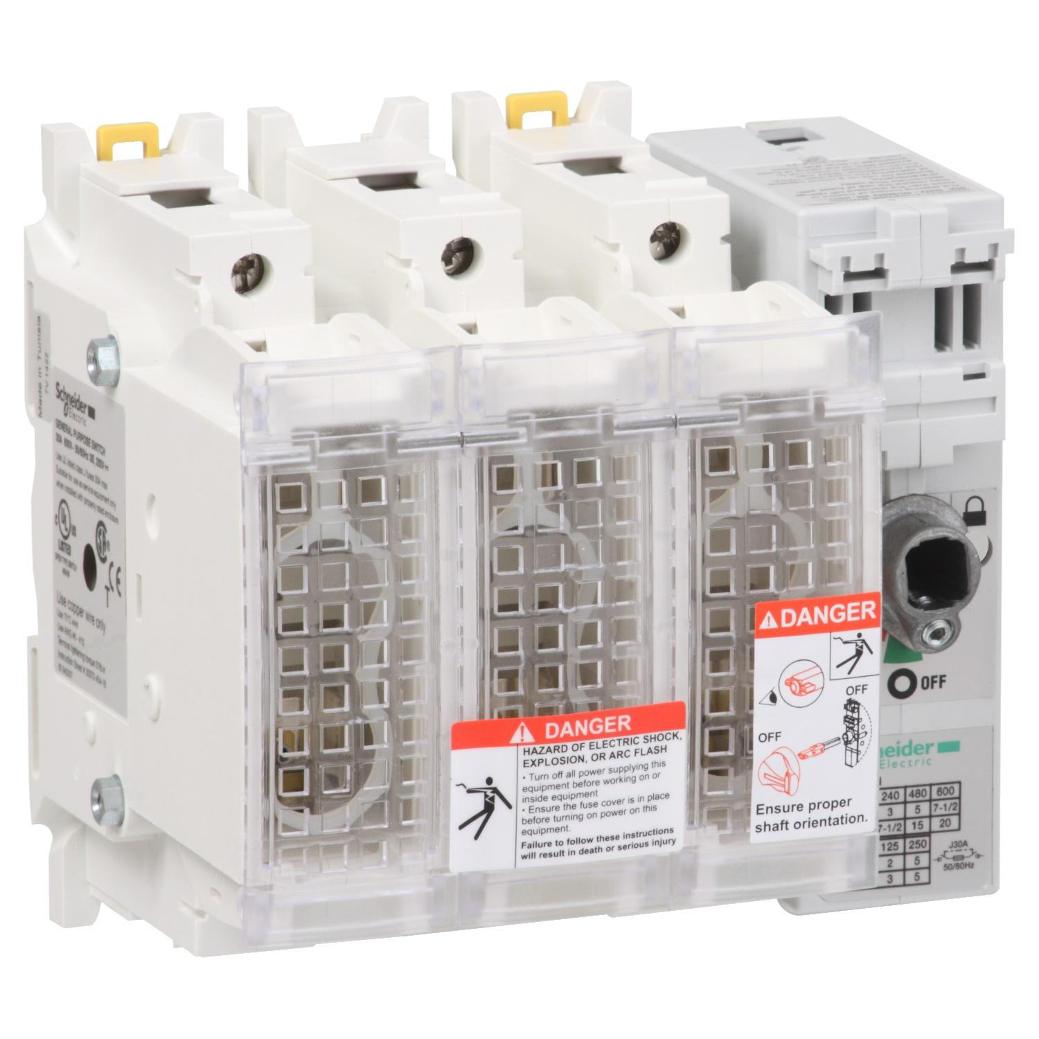 Product image for SWITCH DISCONNECTOR FUSE, TESYS GS, 3P, 30A, FUSE TYPE UL, SIZE J