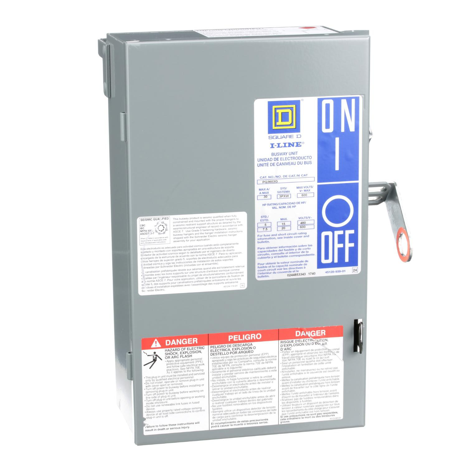 Product image for PLUG-IN UNIT, I-LINE BUSWAY, FUSIBLE, 30A, 600VAC, 3 POLE, 3 FUSE + G, PLUG IN CONNECTION