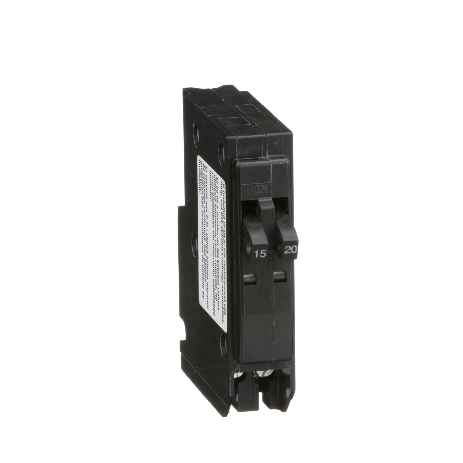Product image for TANDEM MINI CIRCUIT BREAKER, QO, 1 X 1 POLE AT 15A, 1 X 1 POLE AT 20A, 120/240VAC, 10KA, PLUG IN
