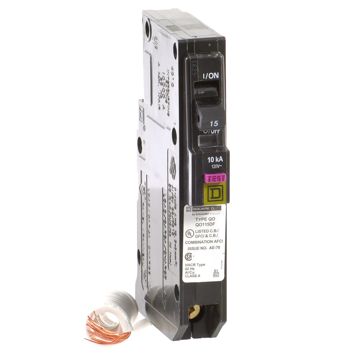 Product image for MINI CIRCUIT BREAKER, QO, 15A, 1 POLE, 120VAC, 10KA, PLUG IN, DUAL FUNCTION, PIGTAIL [TAA]