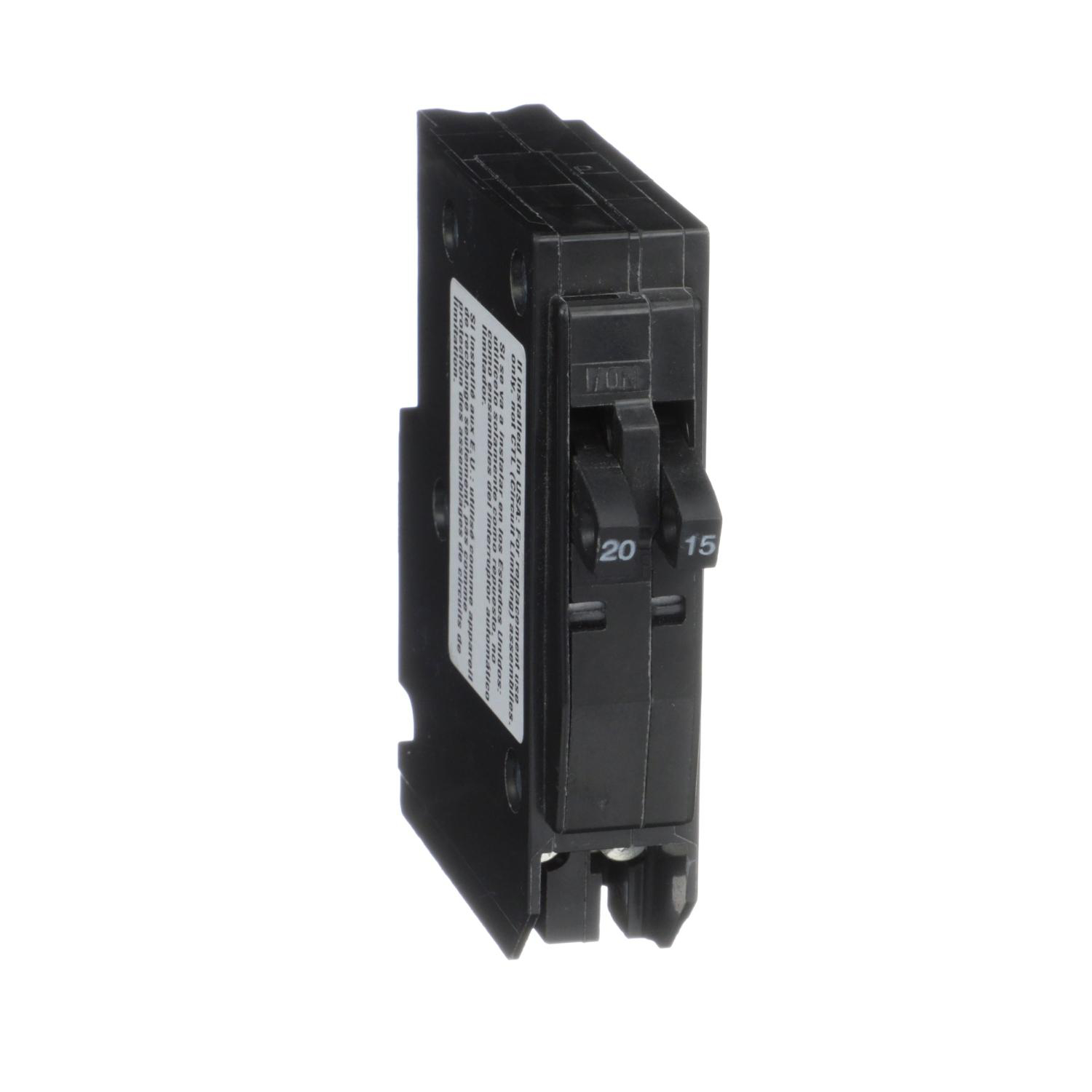 Product image for TANDEM MINI CIRCUIT BREAKER, QO, 1 X 1 POLE AT 15A, 1 X 1 POLE AT 20A, 120/240VAC, 10KA, PLUG IN