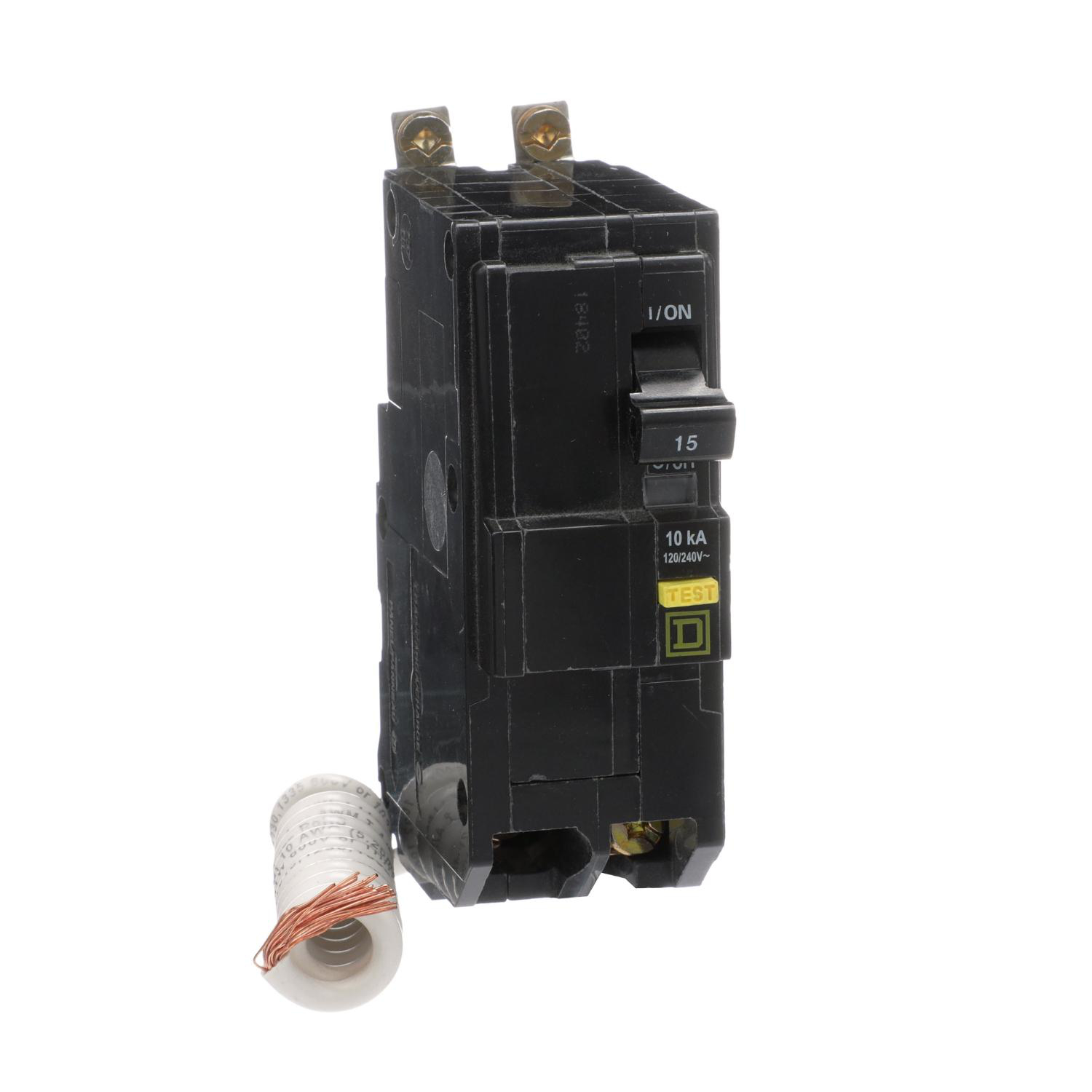 Product image for MINI CIRCUIT BREAKER, QO, 15A, 2 POLE, 120/240VAC, 10KA, BOLT ON, 6MA GRD FAULT A, PIGTAIL [TAA]