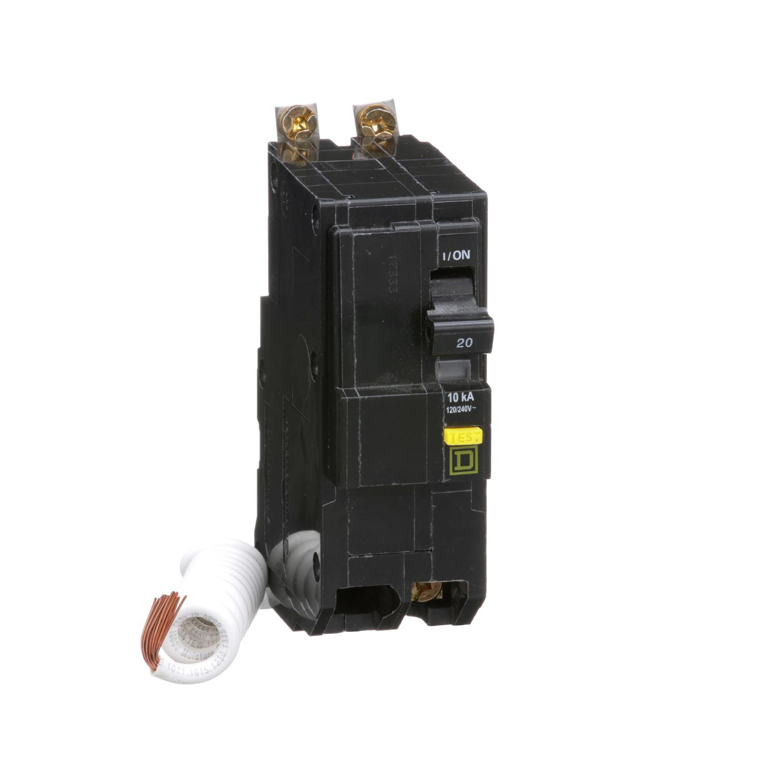 Product image for MINI CIRCUIT BREAKER, QO, 20A, 2 POLE, 120/240VAC, 10KA, BOLT ON, 6MA GRD FAULT A, PIGTAIL [TAA]