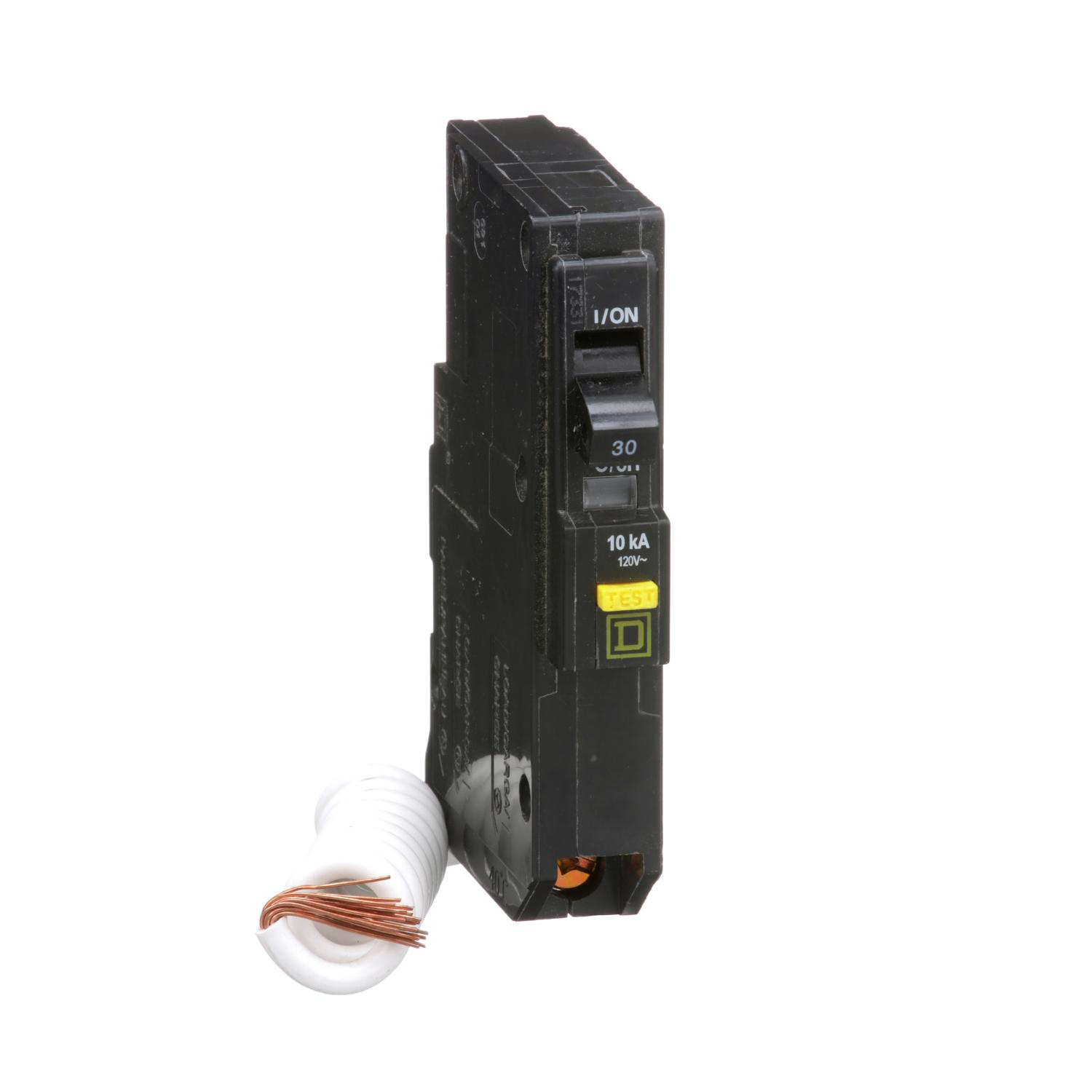 Product image for MINI CIRCUIT BREAKER, QO, 30A, 1 POLE, 120VAC, 10KA, PLUG IN, 6MA GRD FAULT A, PIGTAIL