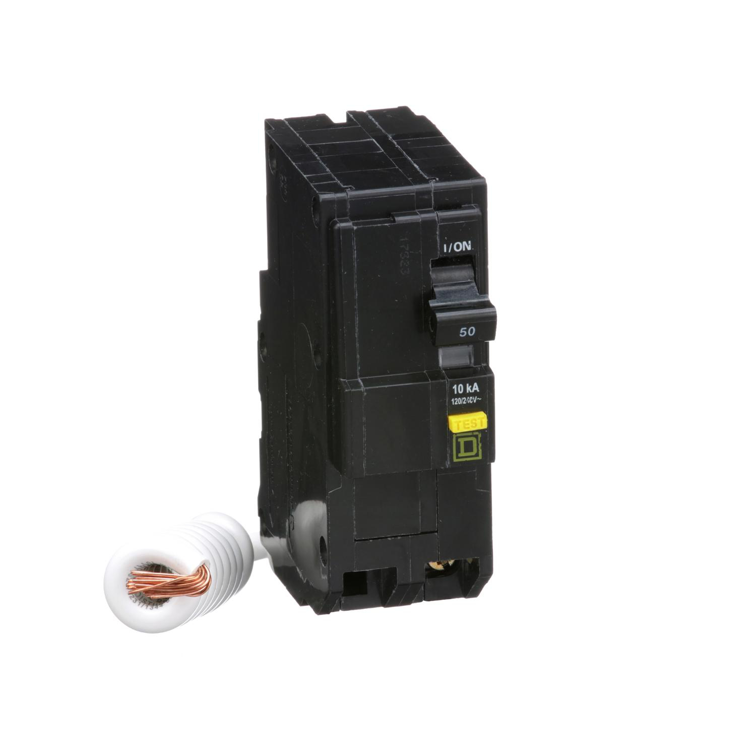 Product image for MINI CIRCUIT BREAKER, QO, 50A, 2 POLE, 120/240VAC, 10KA, PLUG IN, 6MA GRD FAULT A, PIGTAIL [TAA]
