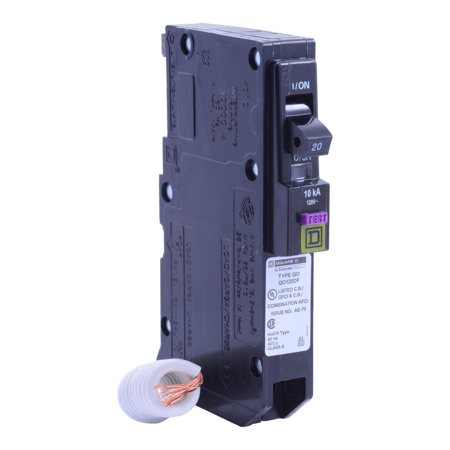 Product image for MINI CIRCUIT BREAKER, QO, 20A, 1 POLE, 120VAC, 10KA, PLUG IN, DUAL FUNCTION, PIGTAIL [TAA]