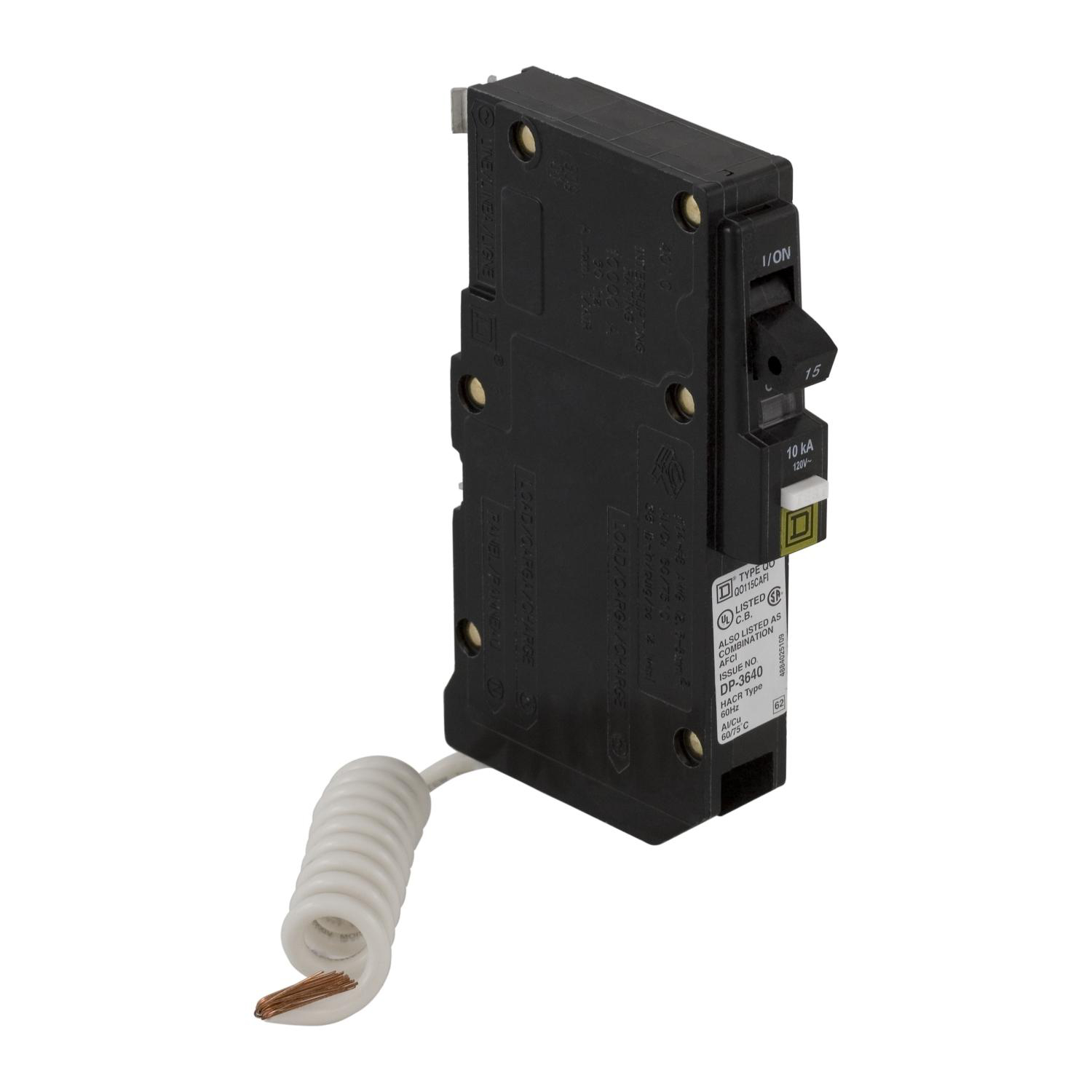 Product image for MINI CIRCUIT BREAKER, QO, 15A, 1 POLE, 120VAC, 10KA, PLUG IN, COMBO ARC FAULT, PIGTAIL [TAA]