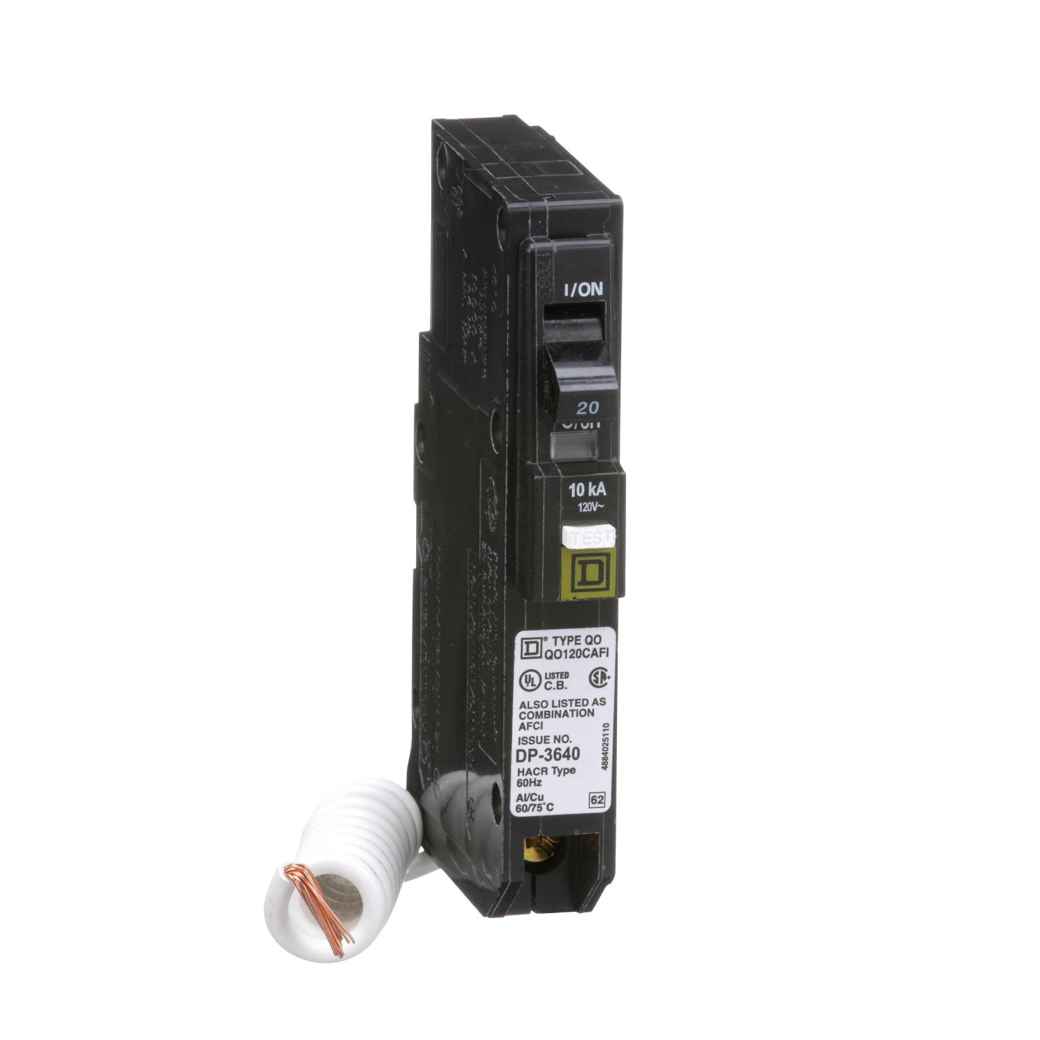 Product image for MINI CIRCUIT BREAKER, QO, 20A, 1 POLE, 120VAC, 10KA, PLUG IN, COMBO ARC FAULT, PIGTAIL [TAA]