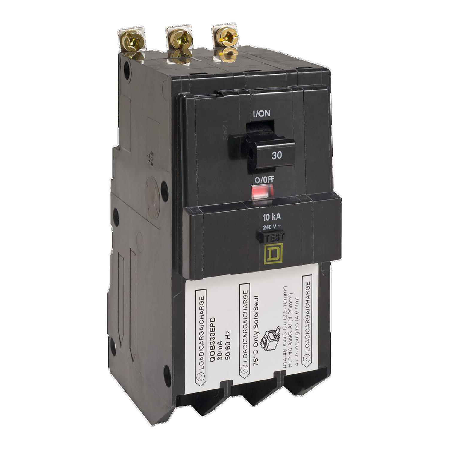 Product image for MINI CIRCUIT BREAKER, QO, 30A, 3 POLE, 240VAC, 10KA, BOLT ON, 30MA GRD FAULT B