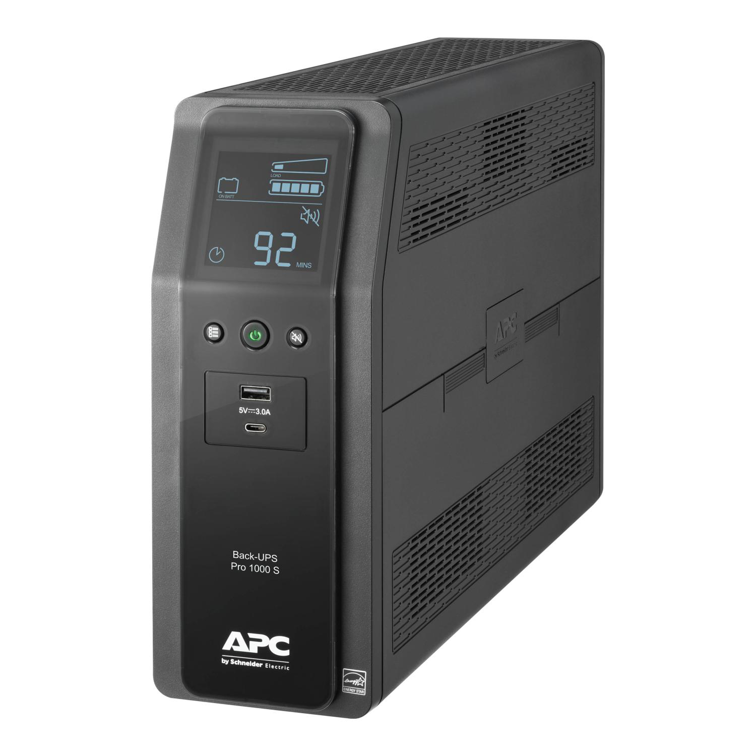 Product image for APC BACK-UPS PRO, 1000VA/600W, TOWER, 120V, 10X NEMA 5-15R OUTLETS, SINE WAVE, AVR, USB TYPE A + C PORTS, LCD, USER REPLACEABLE BATTERY