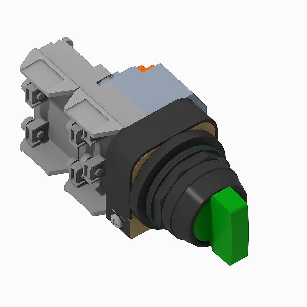 Product image for Switch selector 2-position INC spring return from right knob green 1NO-1NC-1NO