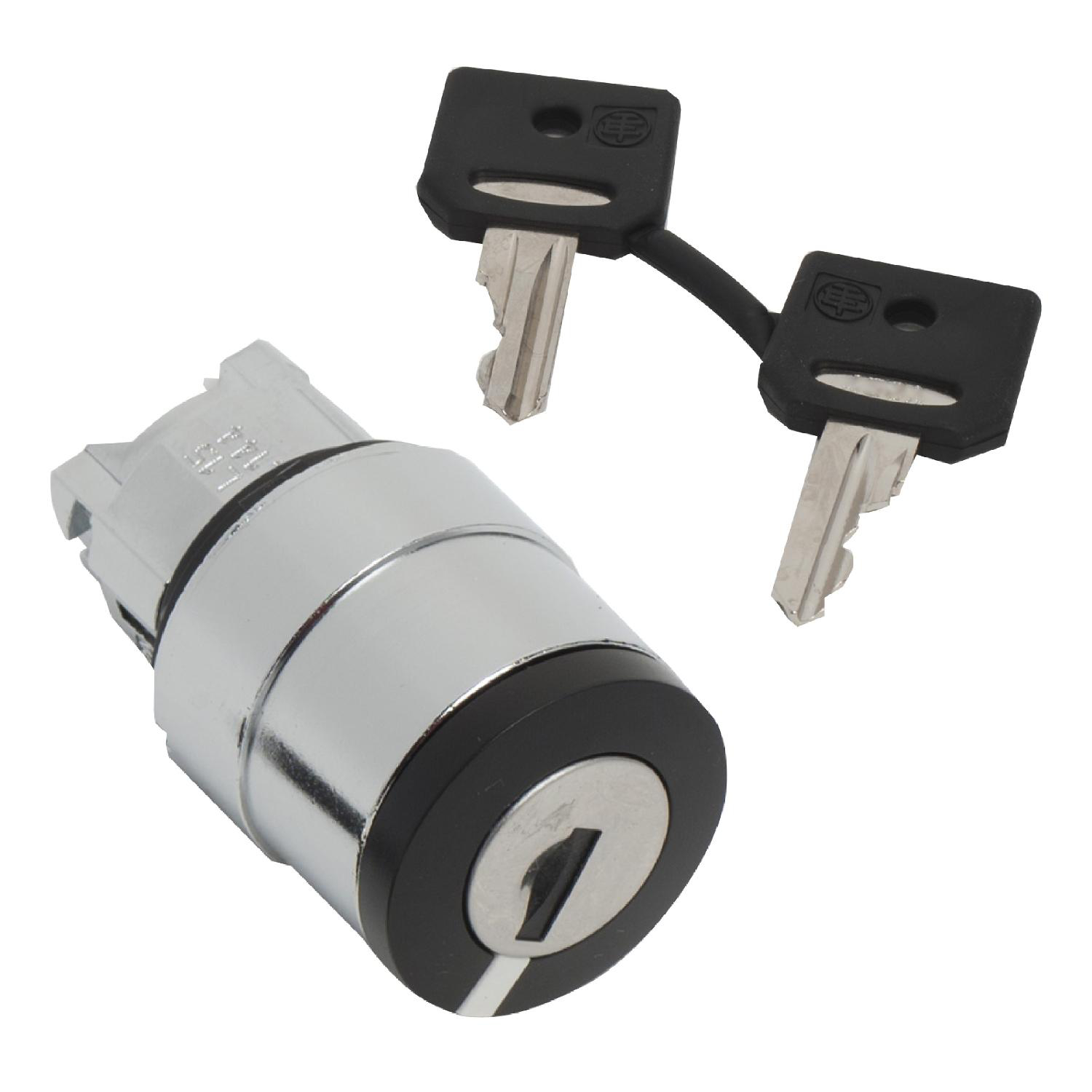 Product image for HEAD FOR KEY SELECTOR SWITCH, HARMONY XB4, BLACK 22MM 3 POSITIONS STAY PUT, KEY 520E, CHROMIUM PLATED METAL BEZEL