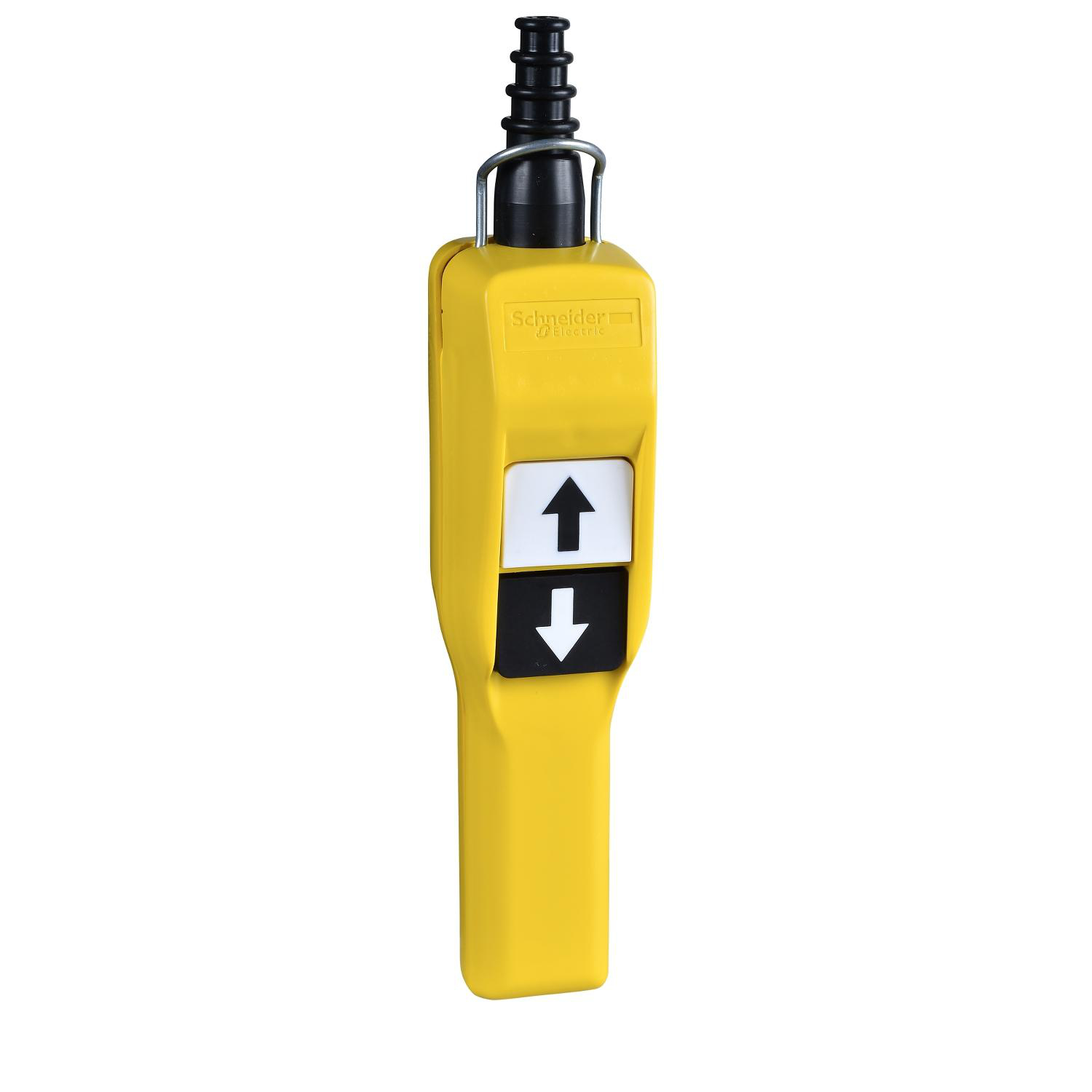 Product image for PENDANT CONTROL STATION, HARMONY XAC, PLASTIC, YELLOW, PISTOL GRIP, 2 PUSH BUTTONS WITH NO+NC