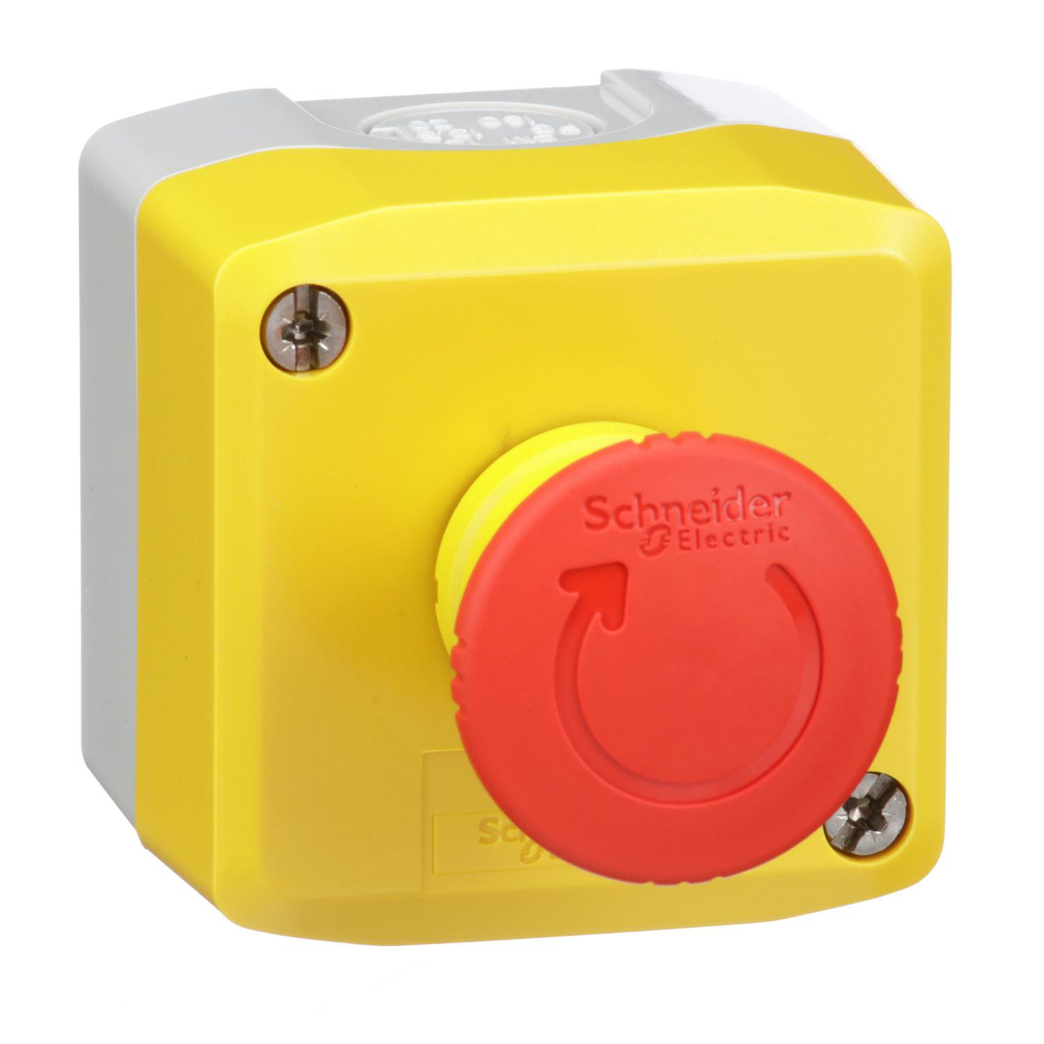 Product image for CONTROL STATION, HARMONY, PLASTIC, YELLOW, 1 RED MUSHROOM HEAD PUSH BUTTON 40MM, EMERGENCY STOP TURN TO RELEASE 1NO + 1NC, UNMARKED, UL CSA CERTIFIED