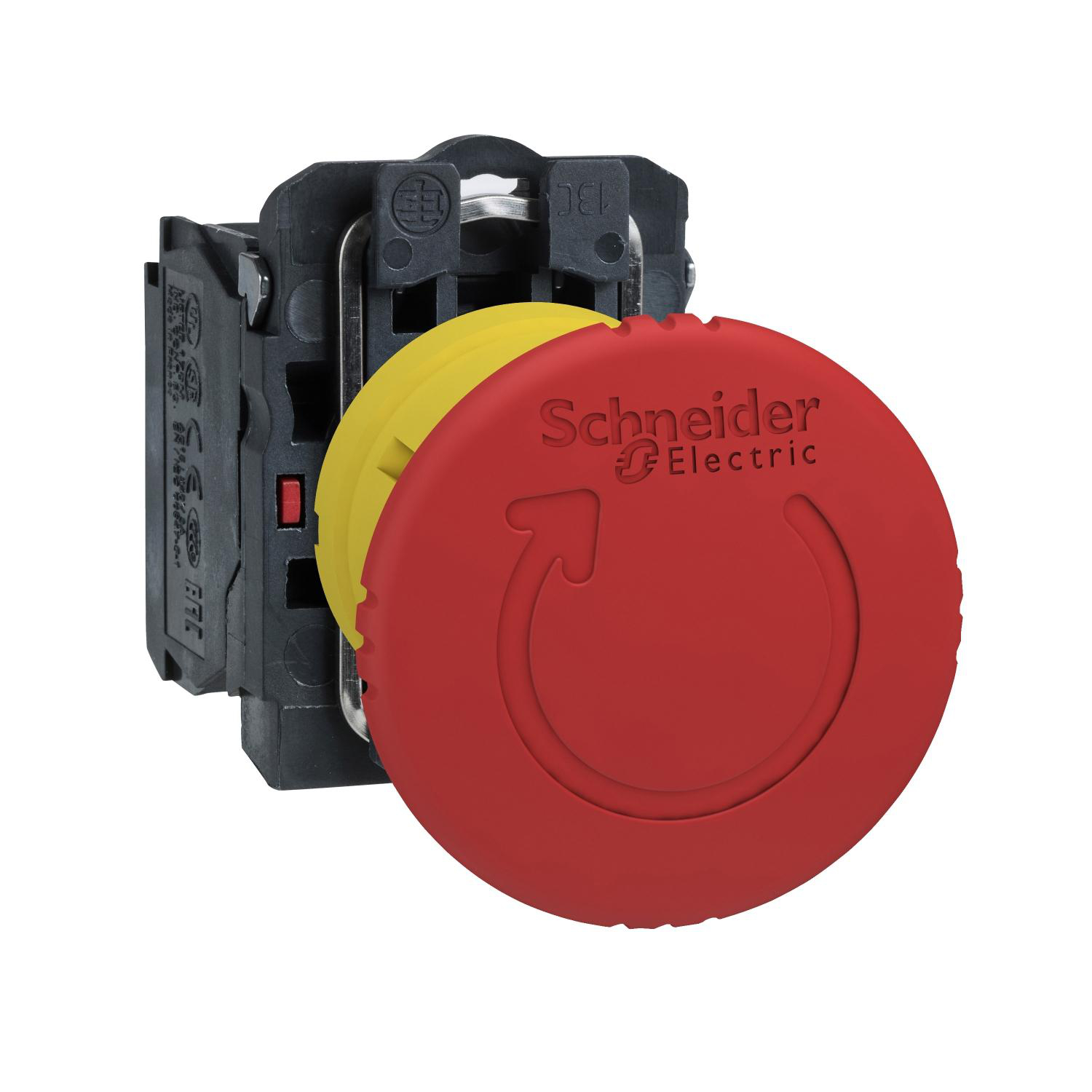 Product image for EMERGENCY STOP SWITCHING OFF, HARMONY XB5, PLASTIC, RED MUSHROOM 40MM, 22MM, TRIGGER LATCHING TURN TO RELEASE, 1NC