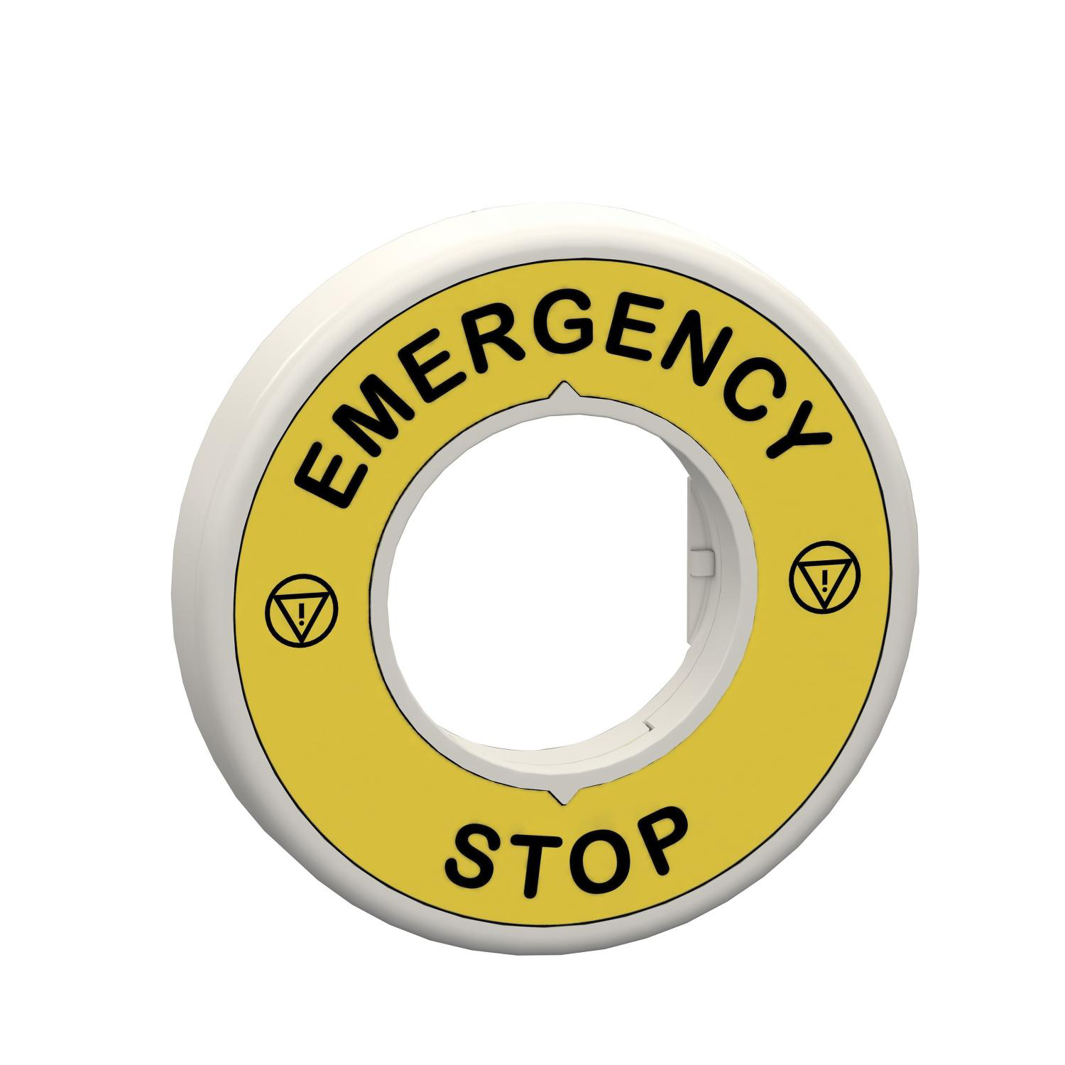 Product image for ILLUMINATED MARKED LEGEND RING, HARMONY XB5, 60MM, PLASTIC, YELLOW, RED FIXED INTEGRAL LED, MARKED EMERGENCY STOP, 24V AC DC
