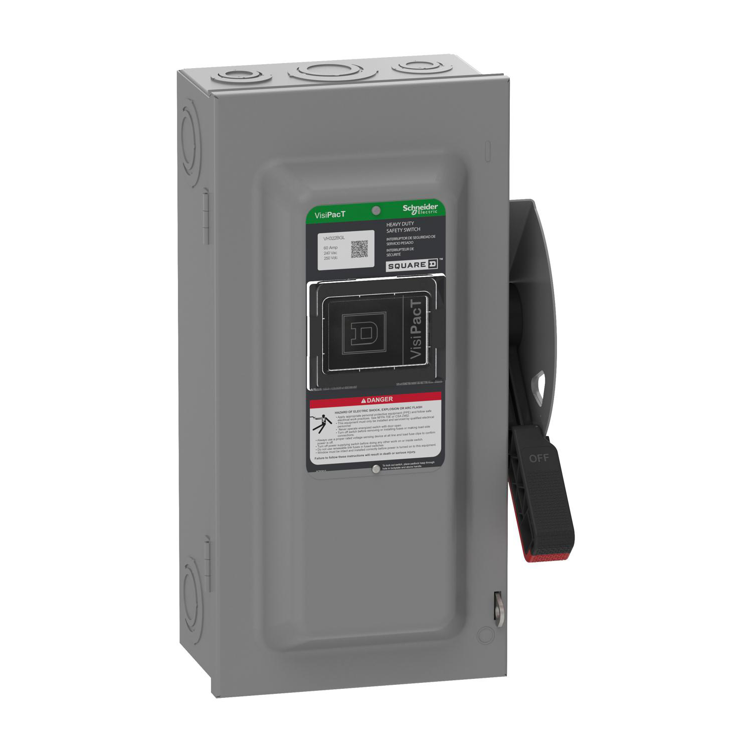 Product image for SAFETY SWITCH, VISIPACT, HEAVY DUTY, FUSED, VIEWING WINDOW, NEMA 1, 240V, 60A, 3 POLE, NEUTRAL BONDED, GROUND LUGS