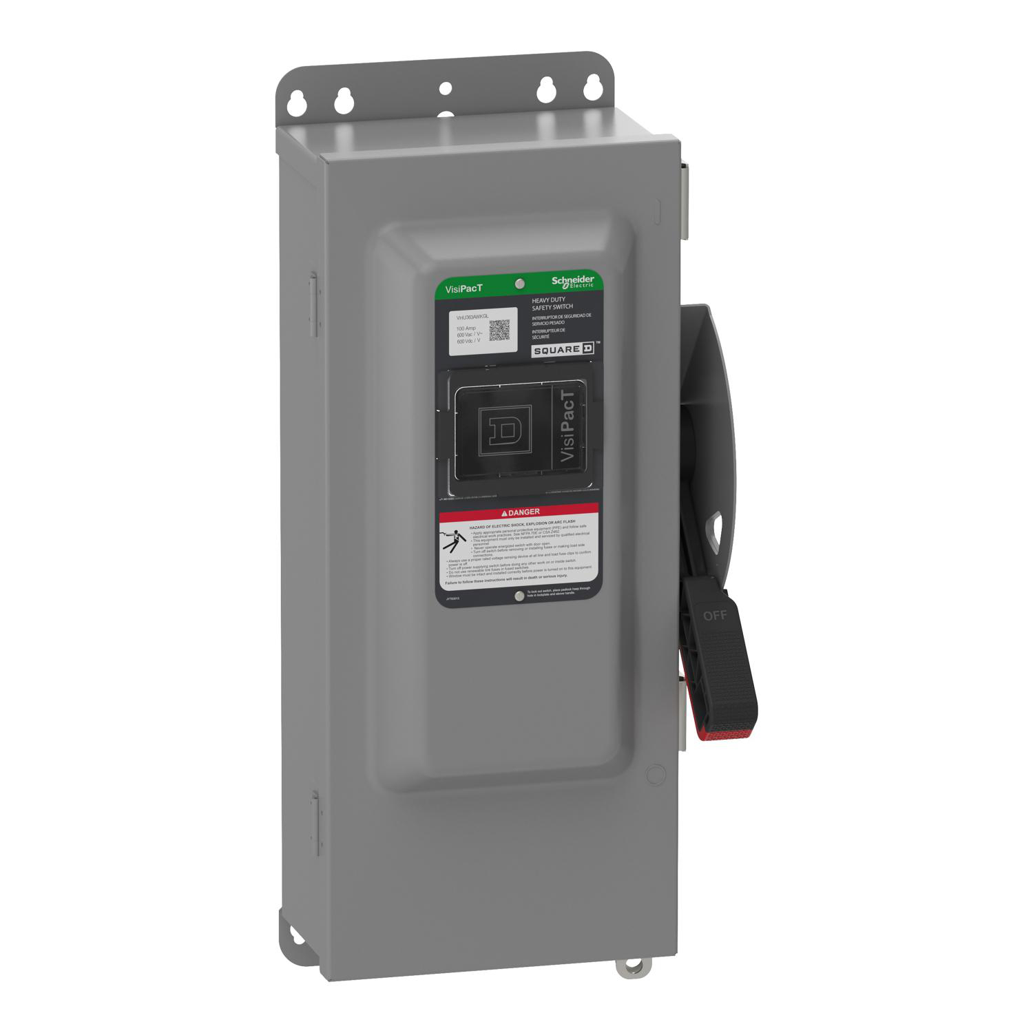 Product image for SAFETY SWITCH, VISIPACT, HEAVY DUTY, UNFUSED, VIEWING WINDOW, NEMA 12, 600V, 100A, 3 POLE, GROUND LUGS