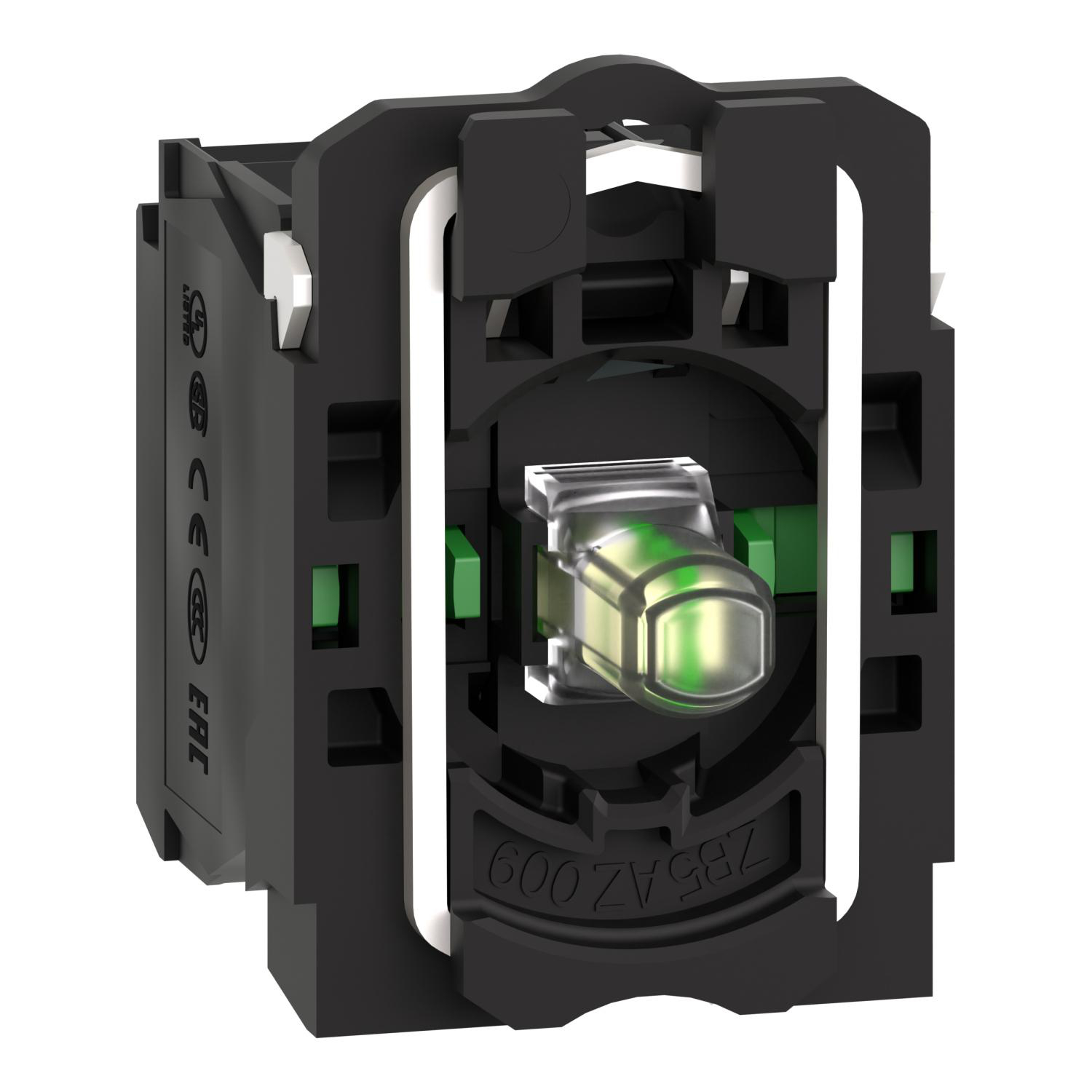 Product image for COMPLETE BODY CONTACT ASSEMBLY AND LIGHT BLOCK, HARMONY XB5, PLASTIC, UNIVERSAL LED, BODY FIXING COLLAR, 2NO, 24V AC DC