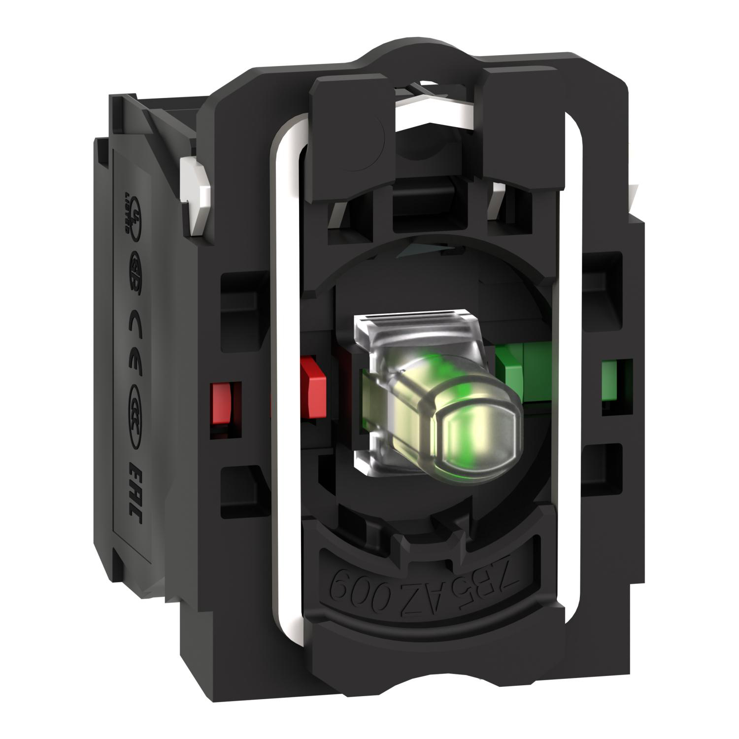 Product image for COMPLETE BODY CONTACT ASSEMBLY AND LIGHT BLOCK, HARMONY XB5, PLASTIC, UNIVERSAL LED, BODY FIXING COLLAR, 1NO + 1NC, 24V AC DC