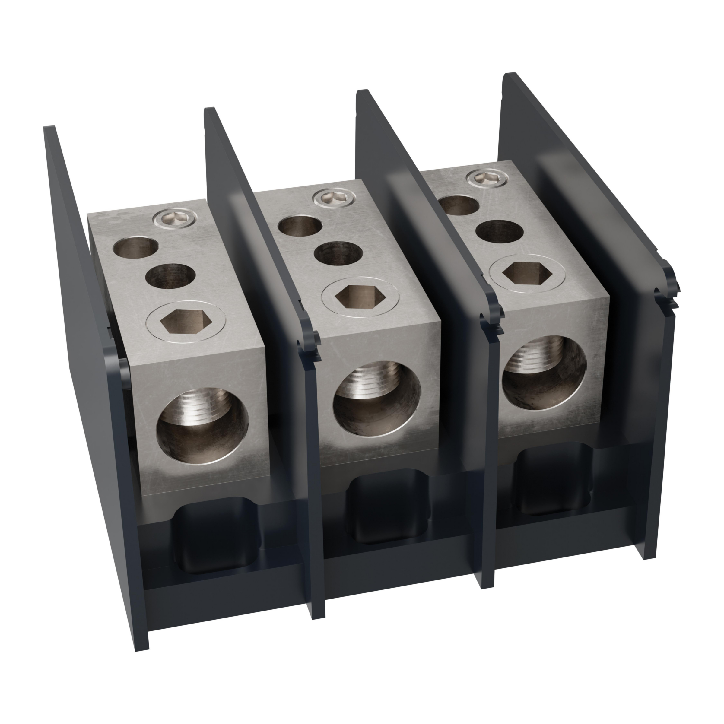 Product image for Open-Style PDB UL 1953 1000V 310A Tin-plated Aluminum - 380A 3-Pole 1 - 2 openings; 500-#4 --- 4/0-#6 Box to Box