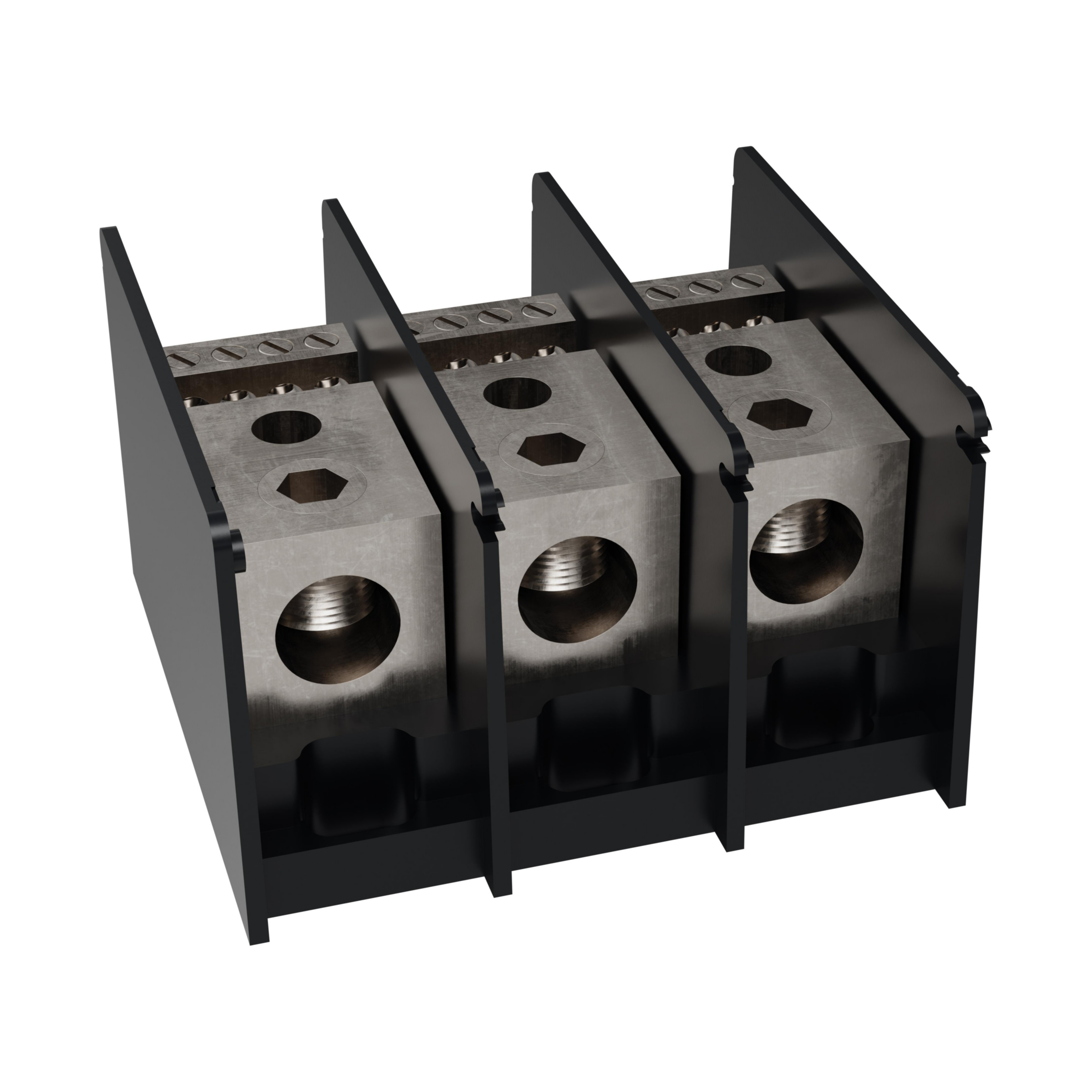 Product image for MERSEN MPDB67433 POWERBLOCK DISTRIBUTION ALUM 3-POLE 4-500MCM PRI AND 8 OPENINGS 2-#14 SEC W/BUILT IN COVERS