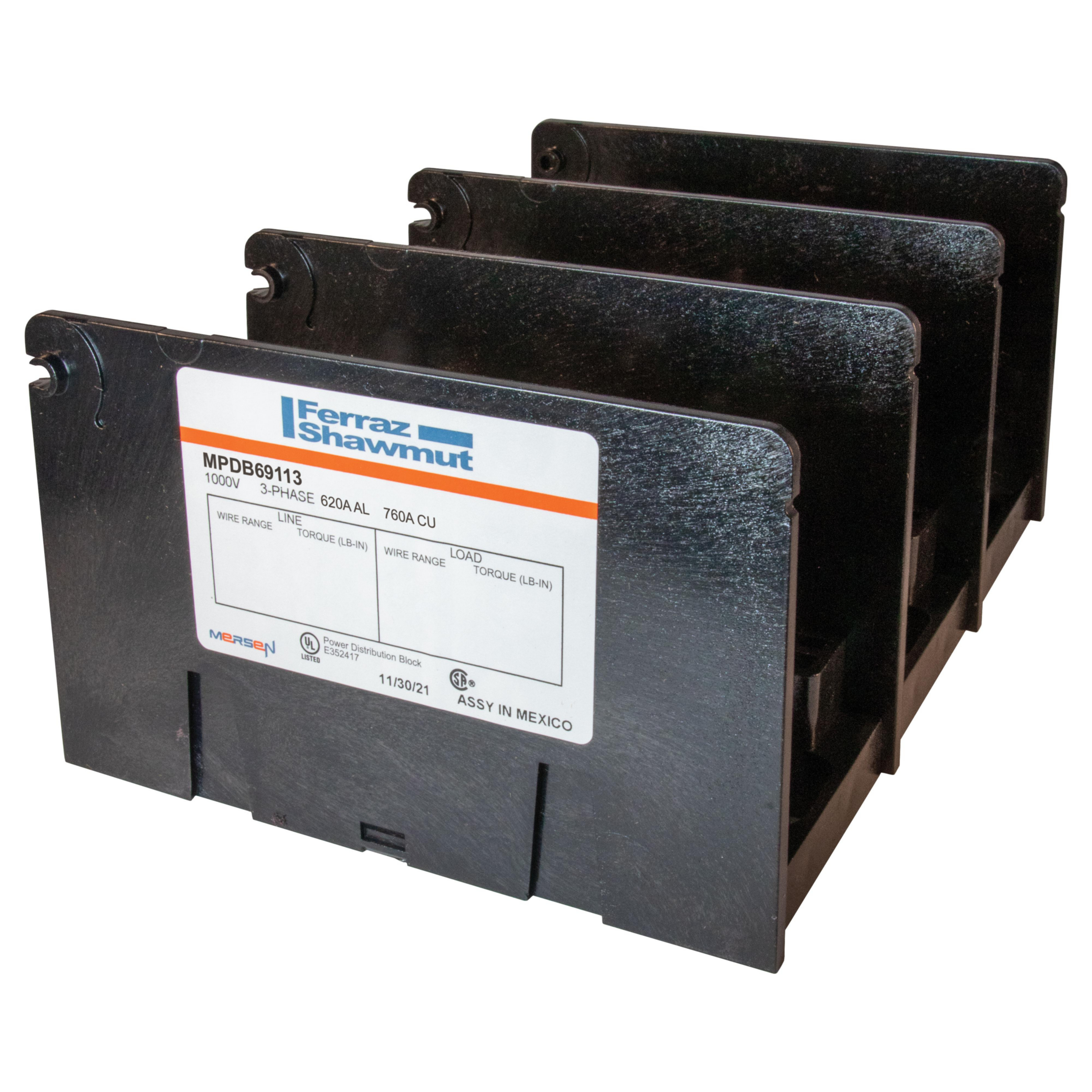 MERSEN MPDB69113 POWERBLOCK DISTRIBUTION LARGE TO 760A 600V 3-POLE 12 OPENINGS #4G- #14G WIRE RANGE ALUM 90C