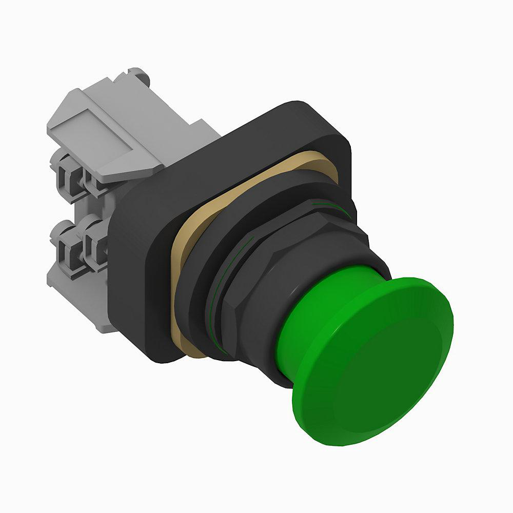 Product image for Pushbutton push-pull 1NO-1NC mushroom head momentary out & maintained center/in green