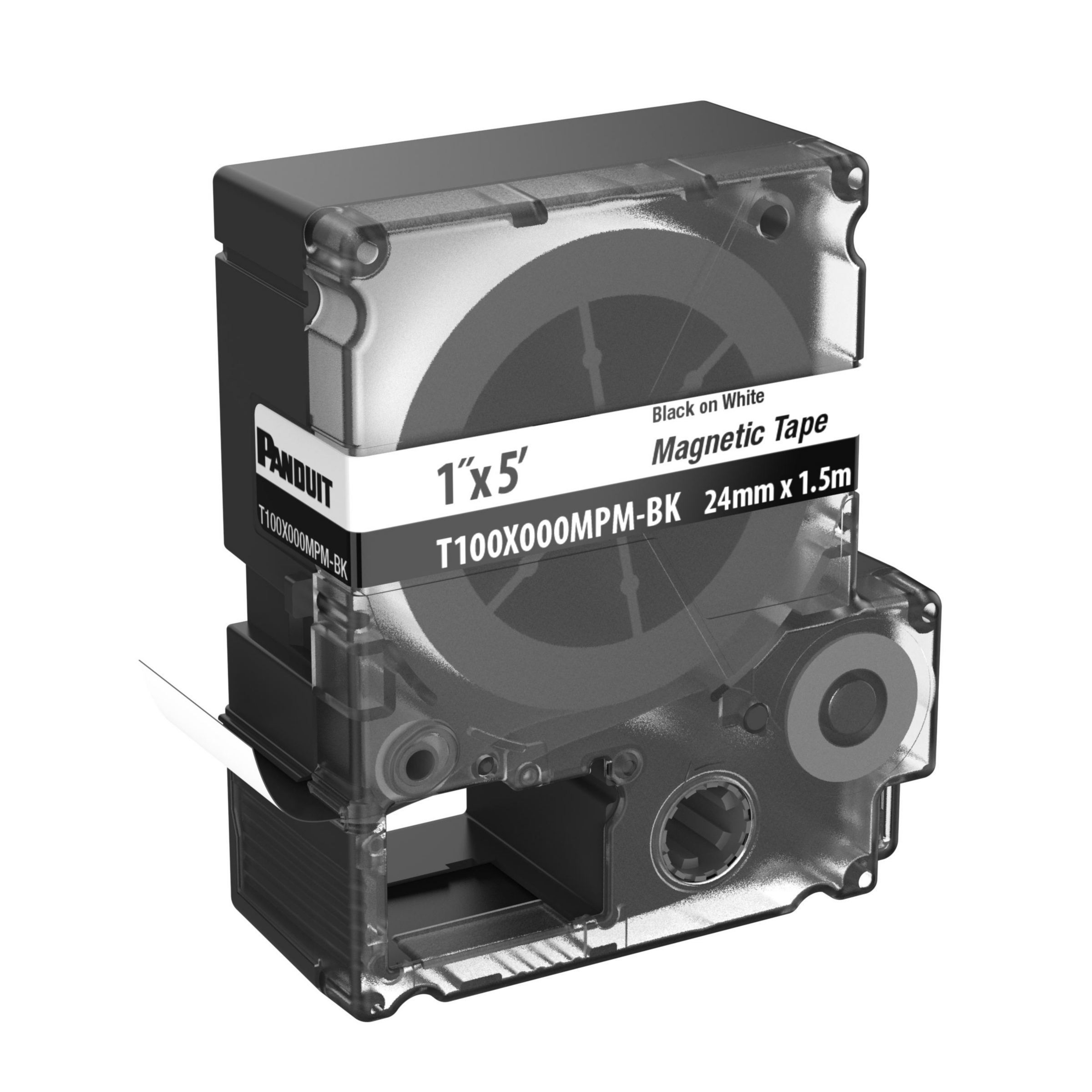 Product image for PXE™ T100X000MPM-BK MP Printer Cont. Tape, Safety & ID, Magnetic, Blk/Wht, 1" W