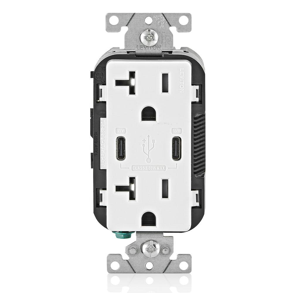 Product image for 30W (6A) USB Dual Type-C/C Wall Outlet Charger with 20A Tamper-Resistant Outlet