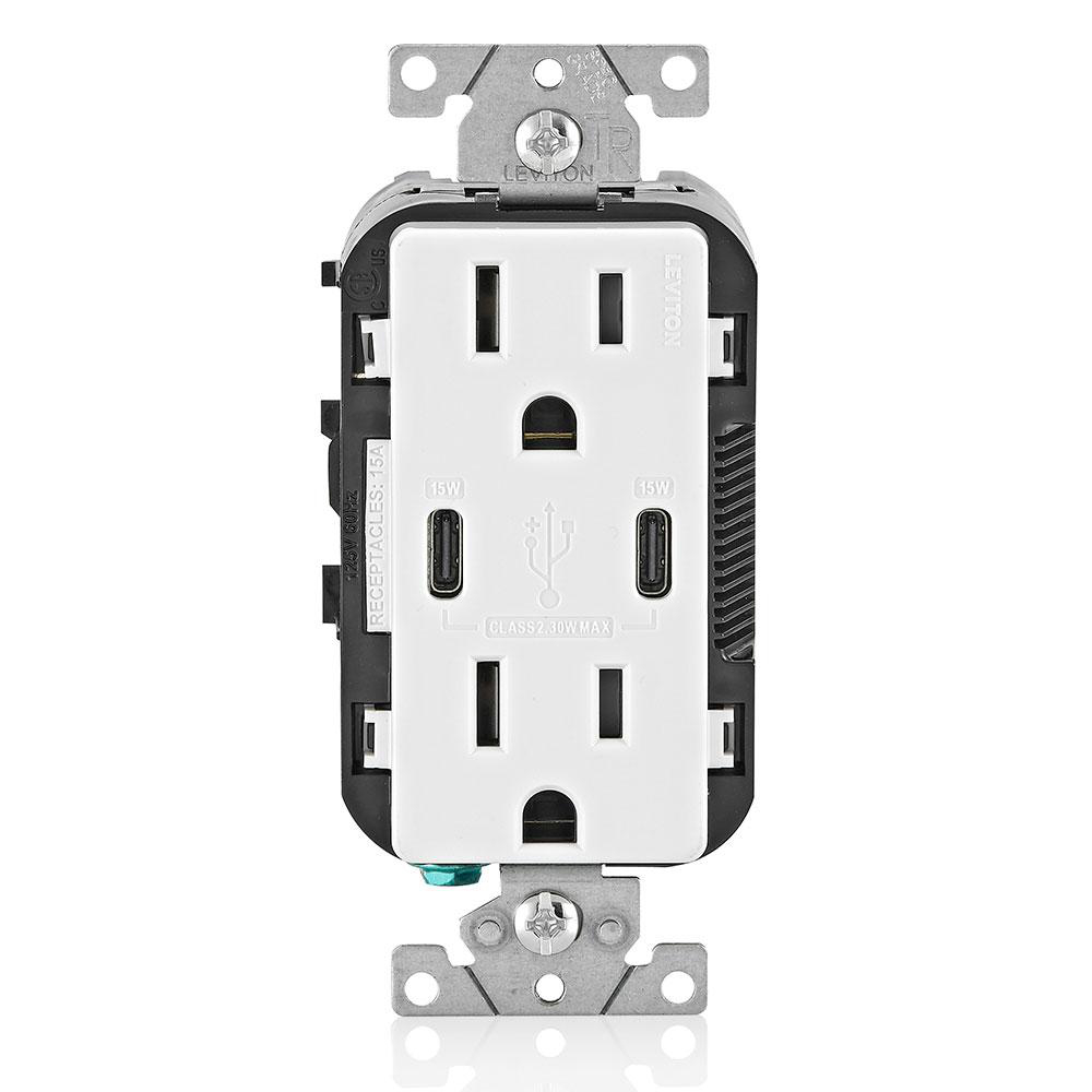 Product image for 30W (6A) USB Dual Type-C/C Wall Outlet Charger with 15A Tamper-Resistant Outlet